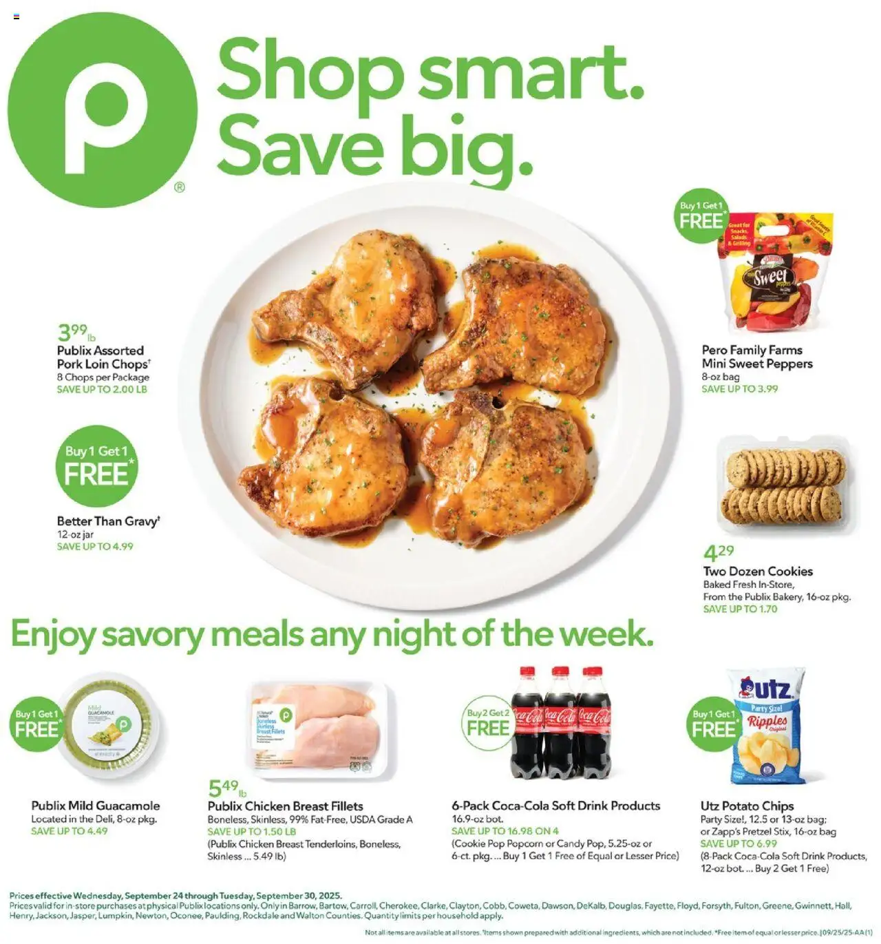Publix Weekly Ad - valid from 24.09.2025 | Page: 1 | Products: Pork, Chips, Cookies, Bag