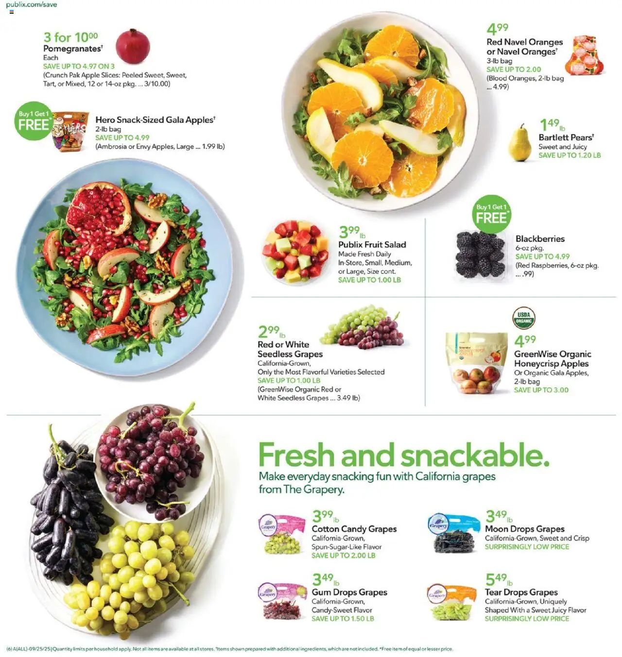 Publix Weekly Ad - valid from 24.09.2025 | Page: 6 | Products: Oranges, Salad, Grapes, Bag