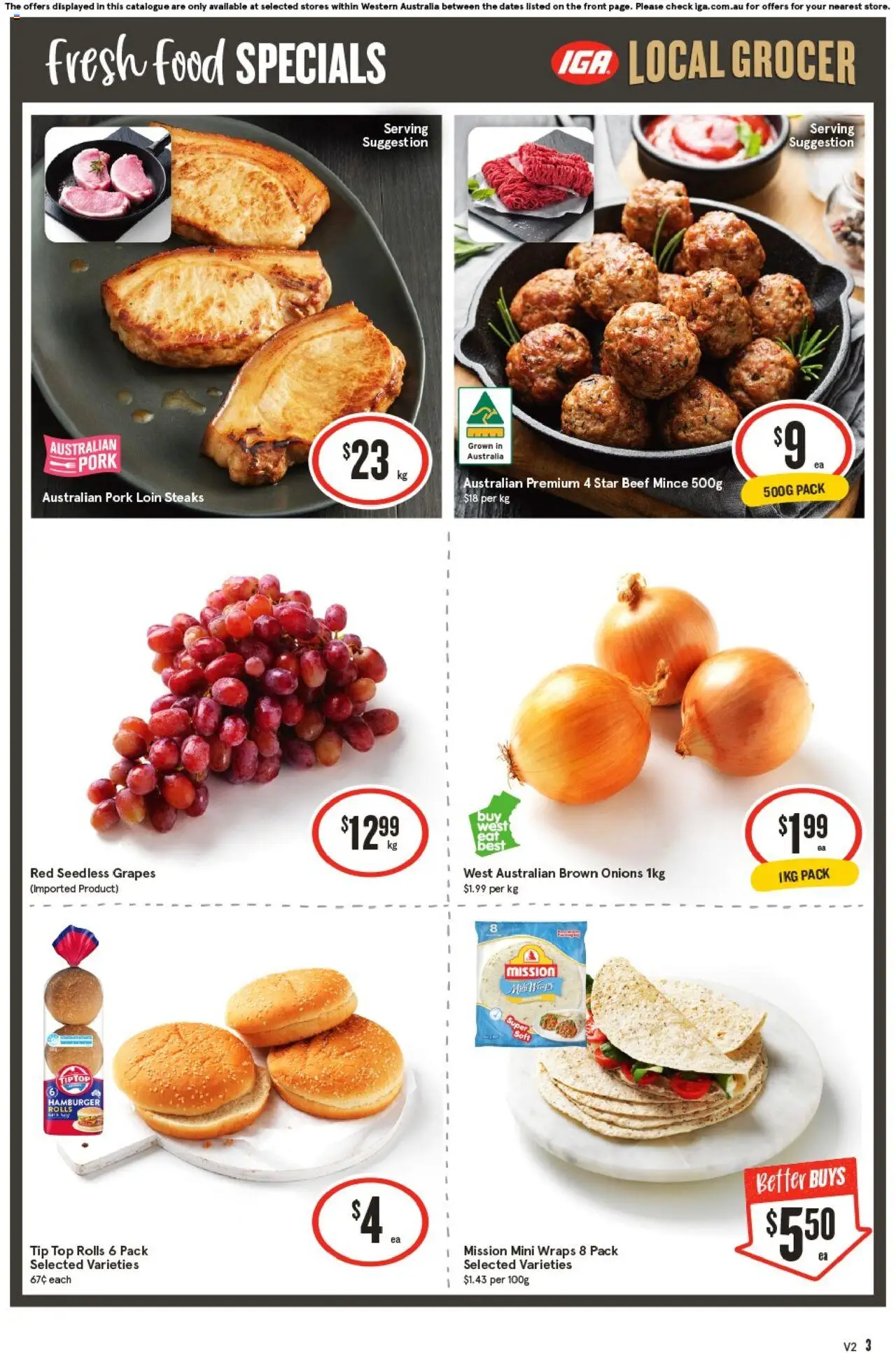 IGA catalogue - valid from 24.09.2025 | Page: 3 | Products: Pork, Beef, Onions, Grapes