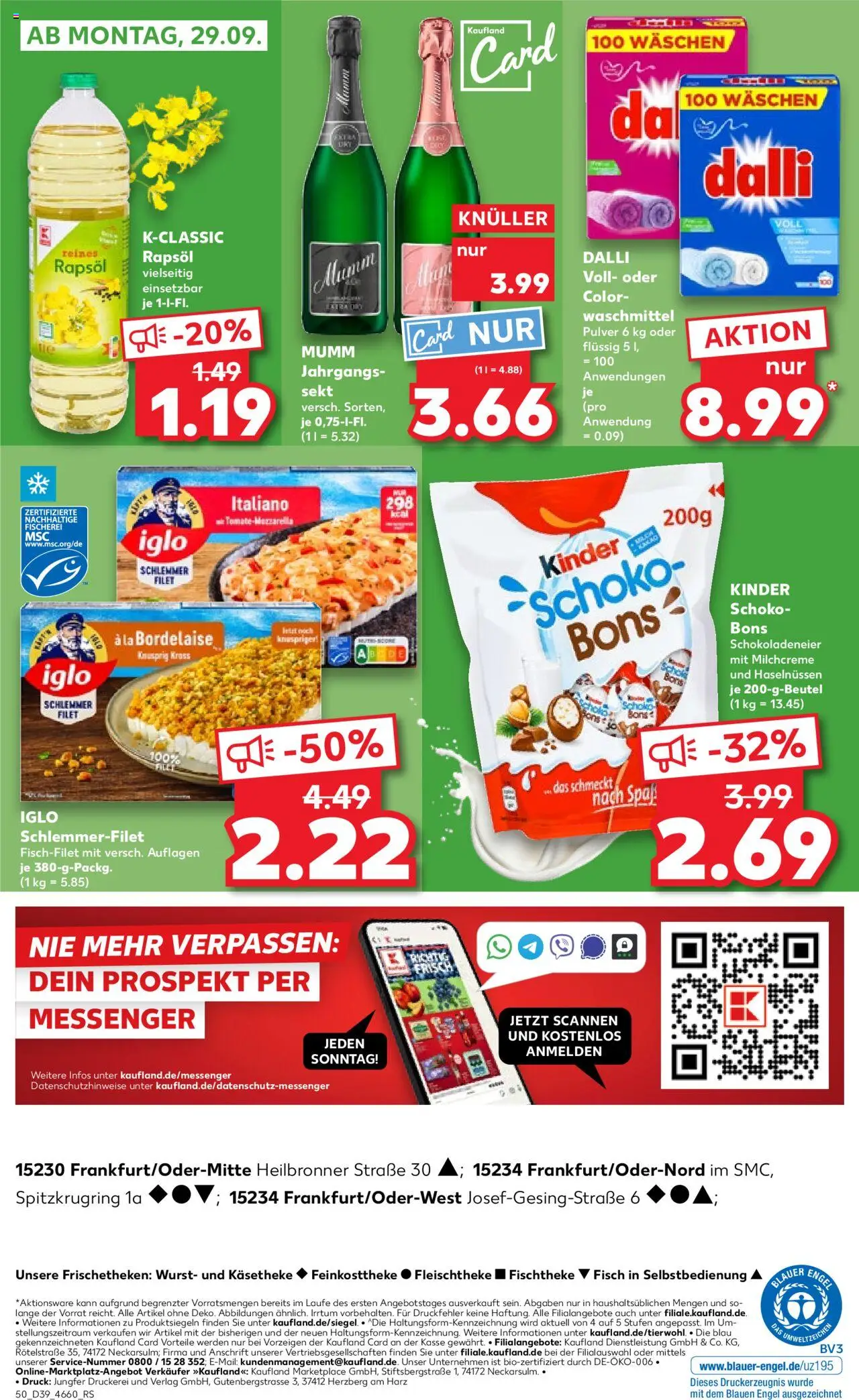 Kaufland prospekt Frankfurt (Oder)	 – gültig ab 25.09.2025 | Seite: 50 | Produkte: Sekt, Iglo, Wurst, Iglo schlemmerfilet Kaufland prospekt Frankfurt (Oder)	 – gültig ab 25.09.2025 | Seite: 50 | Produkte: Sekt, Iglo, Wurst, Iglo schlemmerfilet
