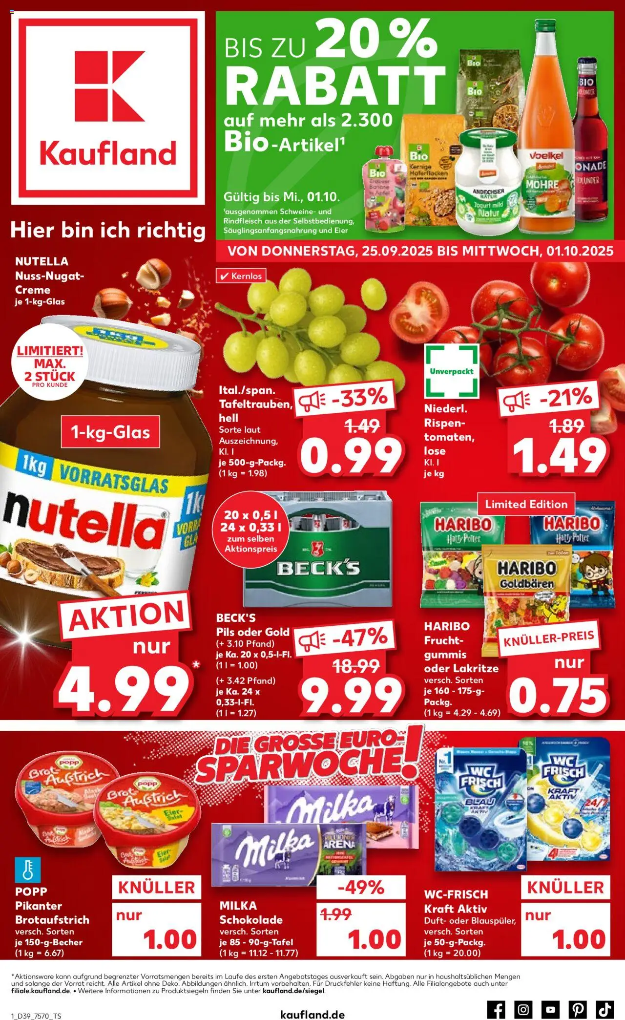 Kaufland prospekt Köln	 – gültig ab 25.09.2025 | Seite: 1 | Produkte: Milka schokolade, Pils, Nutella, Brot Kaufland prospekt Köln	 – gültig ab 25.09.2025 | Seite: 1 | Produkte: Milka schokolade, Pils, Nutella, Brot