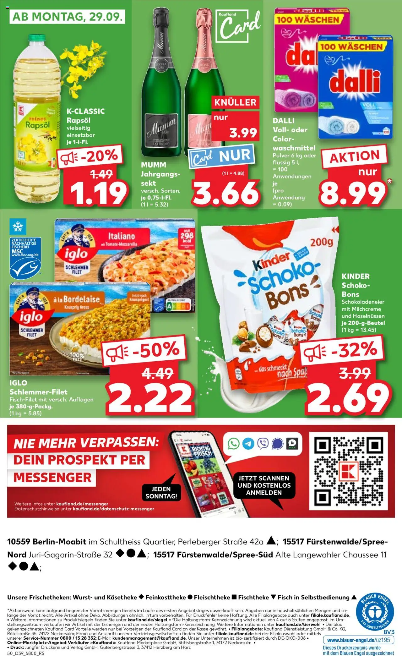 Kaufland prospekt Berlin	 – gültig ab 25.09.2025 | Seite: 50 | Produkte: Rapsöl, Sekt, Iglo, Iglo schlemmerfilet