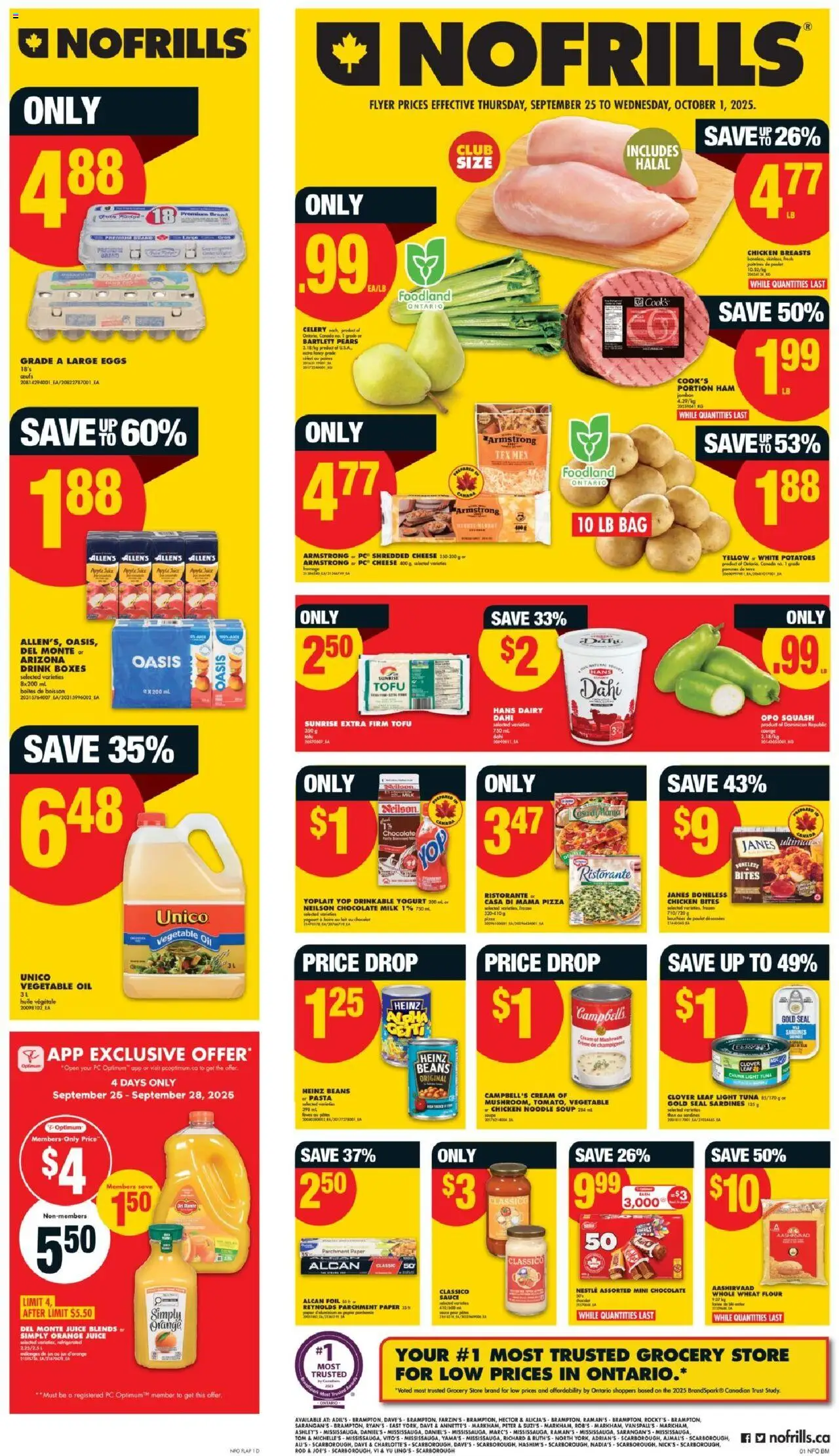 No Frills flyer valid from 25.09.2025 | Page: 1 | Products: Cream, Chicken breasts, Pizza, Juice