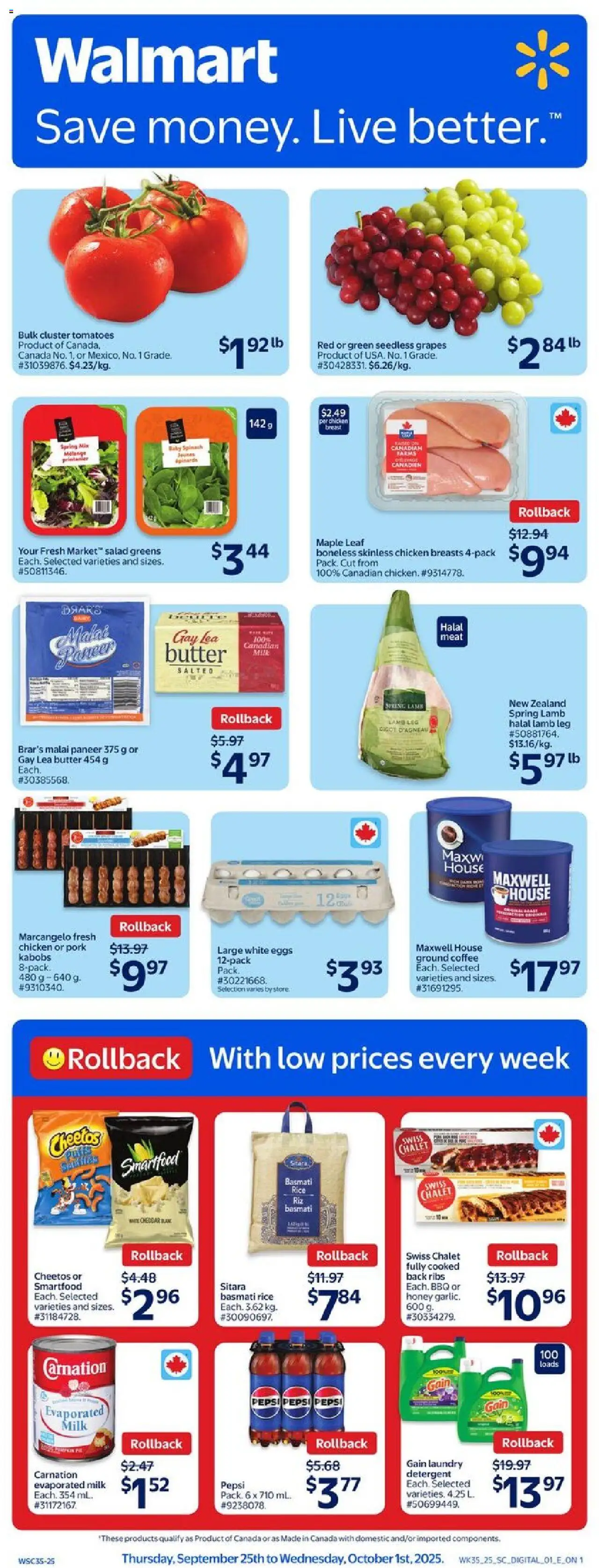 Walmart flyer valid from 25.09.2025 | Page: 1 | Products: Chicken breasts, Milk, Butter, Tomatoes