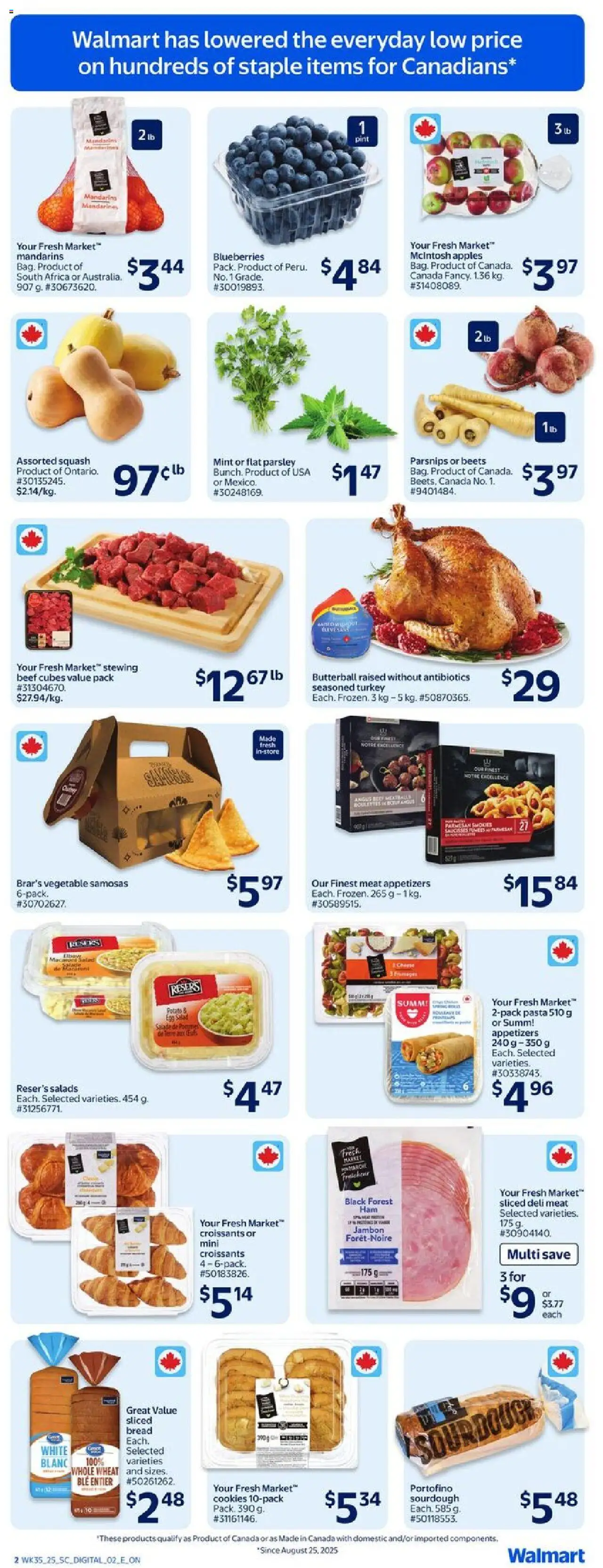 Walmart flyer valid from 25.09.2025 | Page: 4 | Products: Salad, Turkey, Bread, Apples