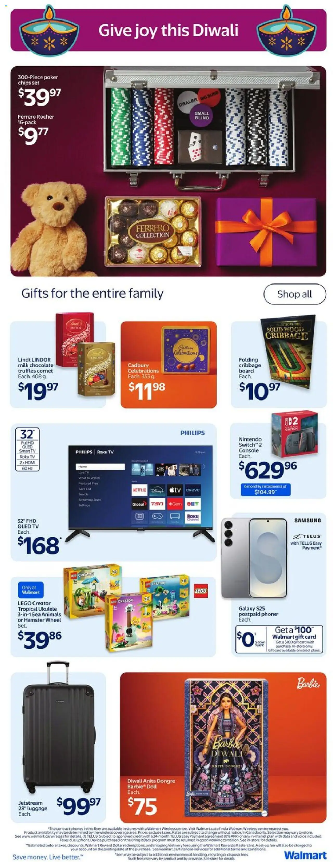 Walmart flyer valid from 25.09.2025 | Page: 8 | Products: Luggage, Phone, Watch, Milk