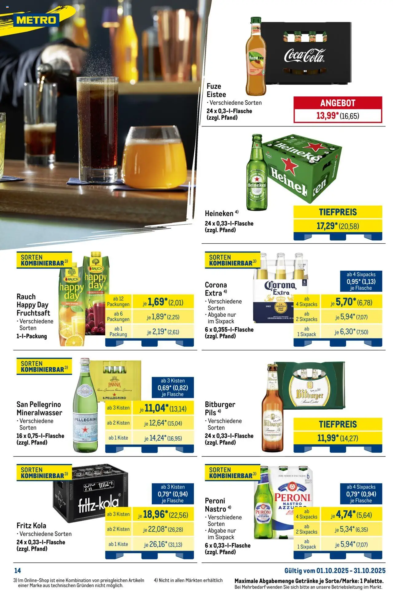 Metro Monats-Menü – gültig ab 01.10.2025 | Seite: 14 | Produkte: Bitburger, Fritz kola, Mineralwasser, Fruchtsaft