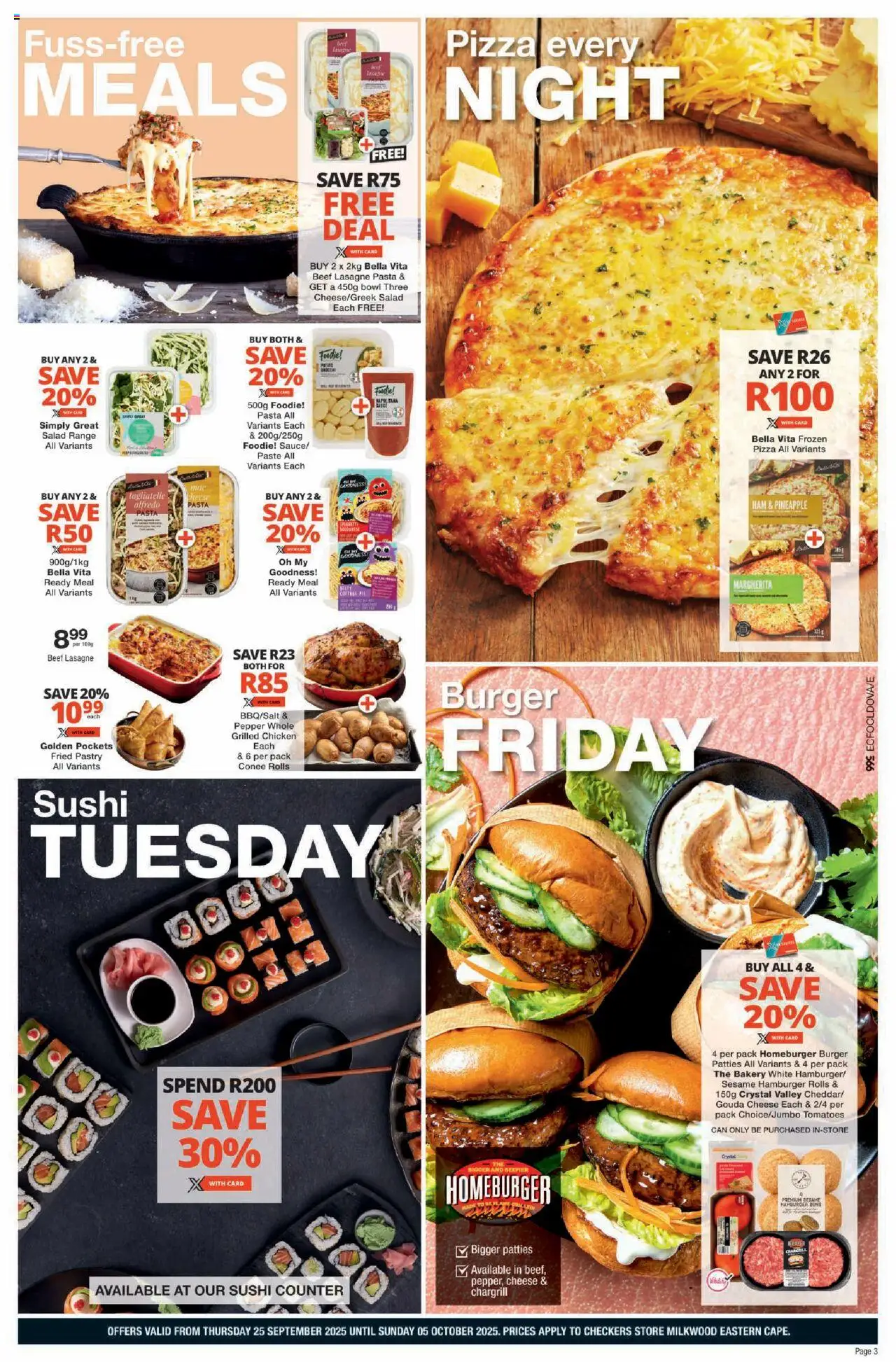 New Checkers catalogue – valid from 25.09.2025 | Page: 3 | Products: Cheese, Ham, Pineapple, Pasta