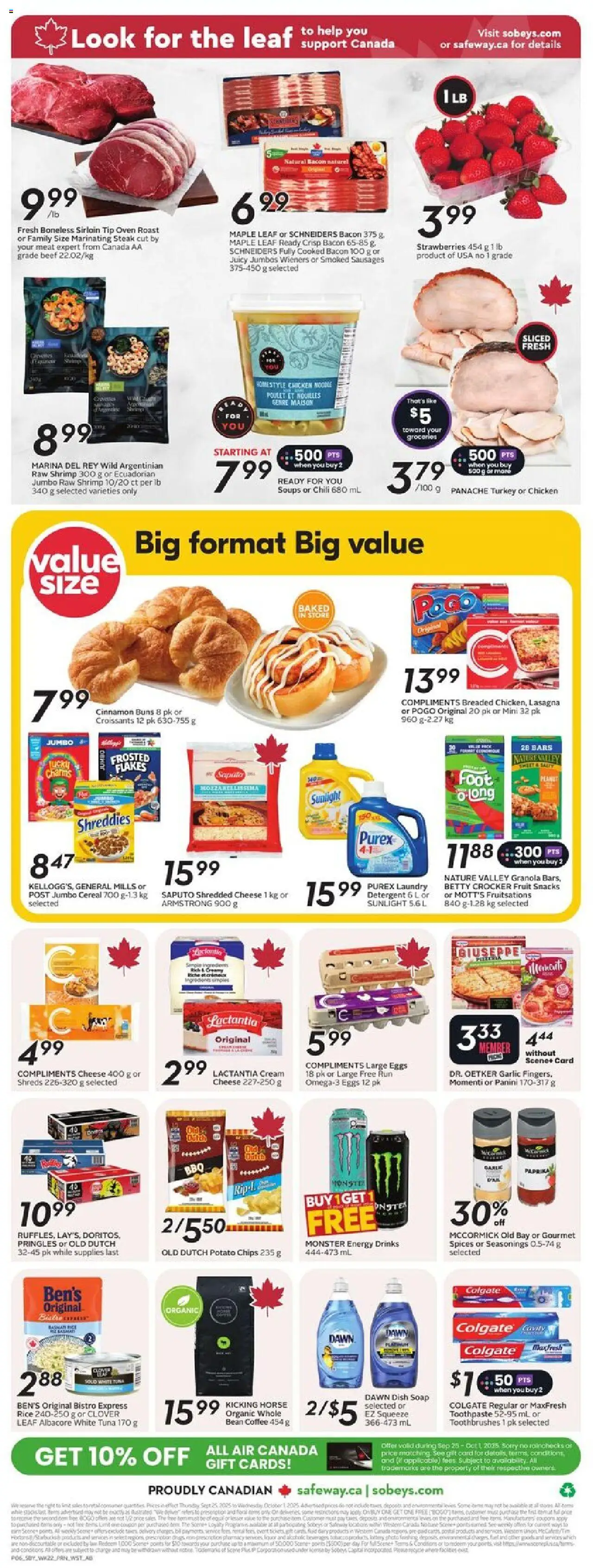 Sobeys flyer valid from 25.09.2025 | Page: 4 | Products: Strawberries, Chips, Toothpaste, Detergent