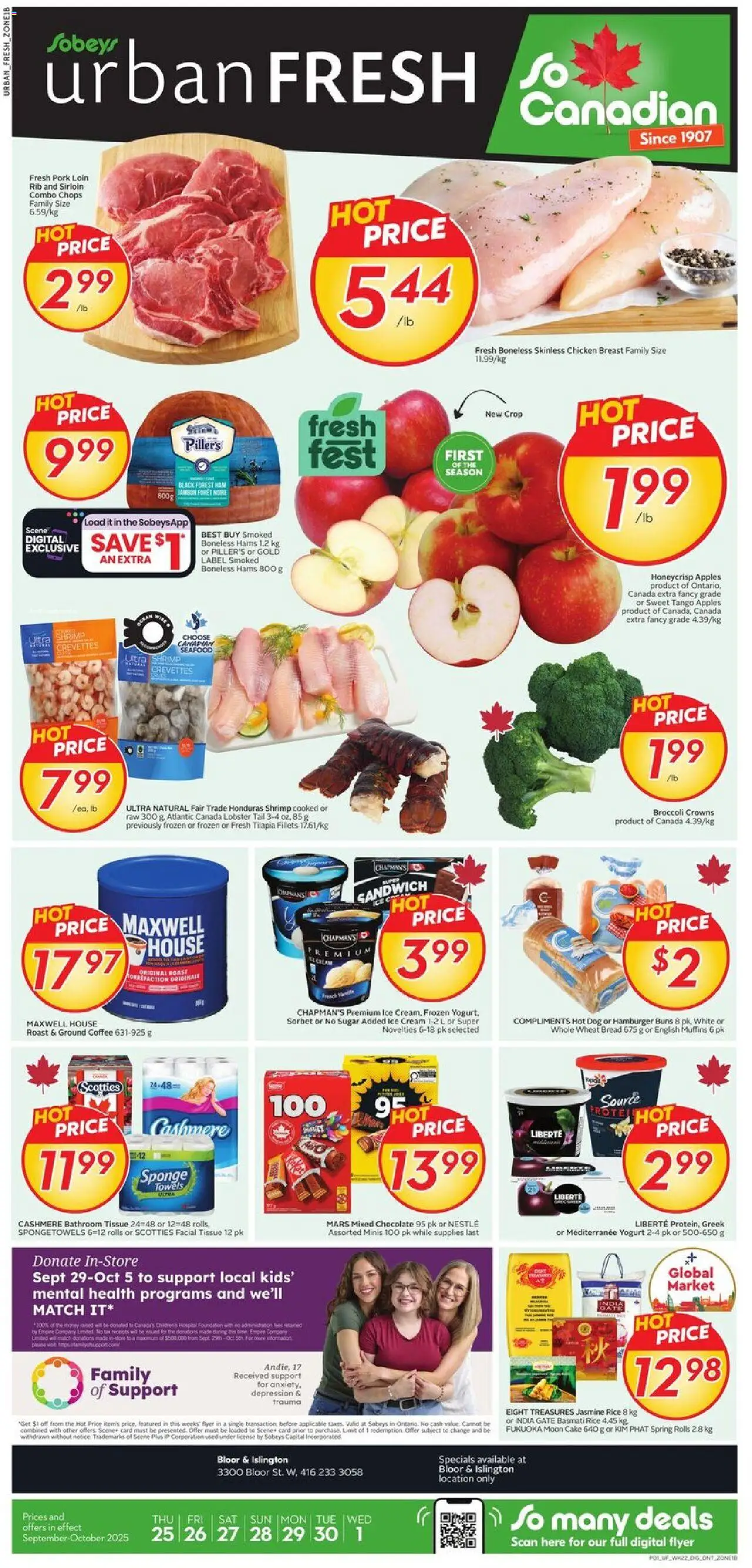 Sobeys flyer valid from 25.09.2025 | Page: 1 | Products: Sponge, Yogurt, Bread, Ham