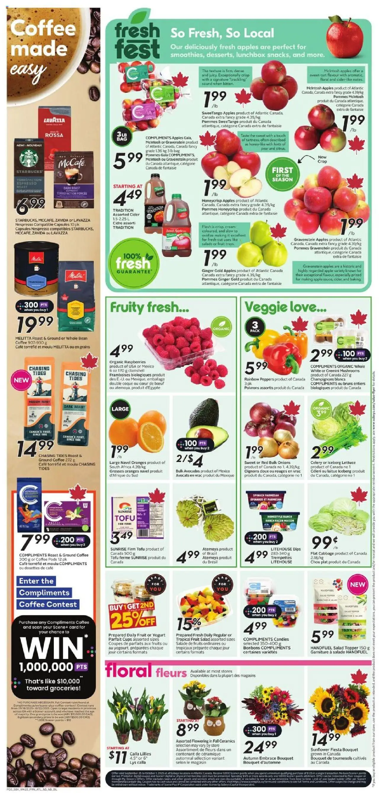 Sobeys flyer valid from 25.09.2025 | Page: 5 | Products: Bag, Coffee, Apples, Oranges