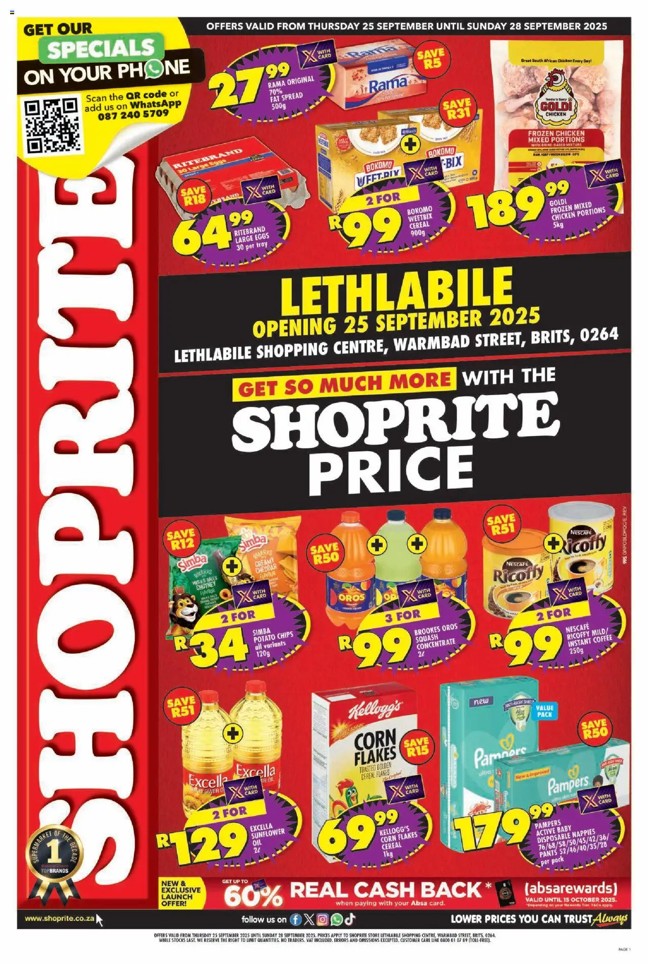 New Shoprite catalogue – valid from 25.09.2025 | Page: 1 | Products: Corn, Pants, Phone, Nappies
