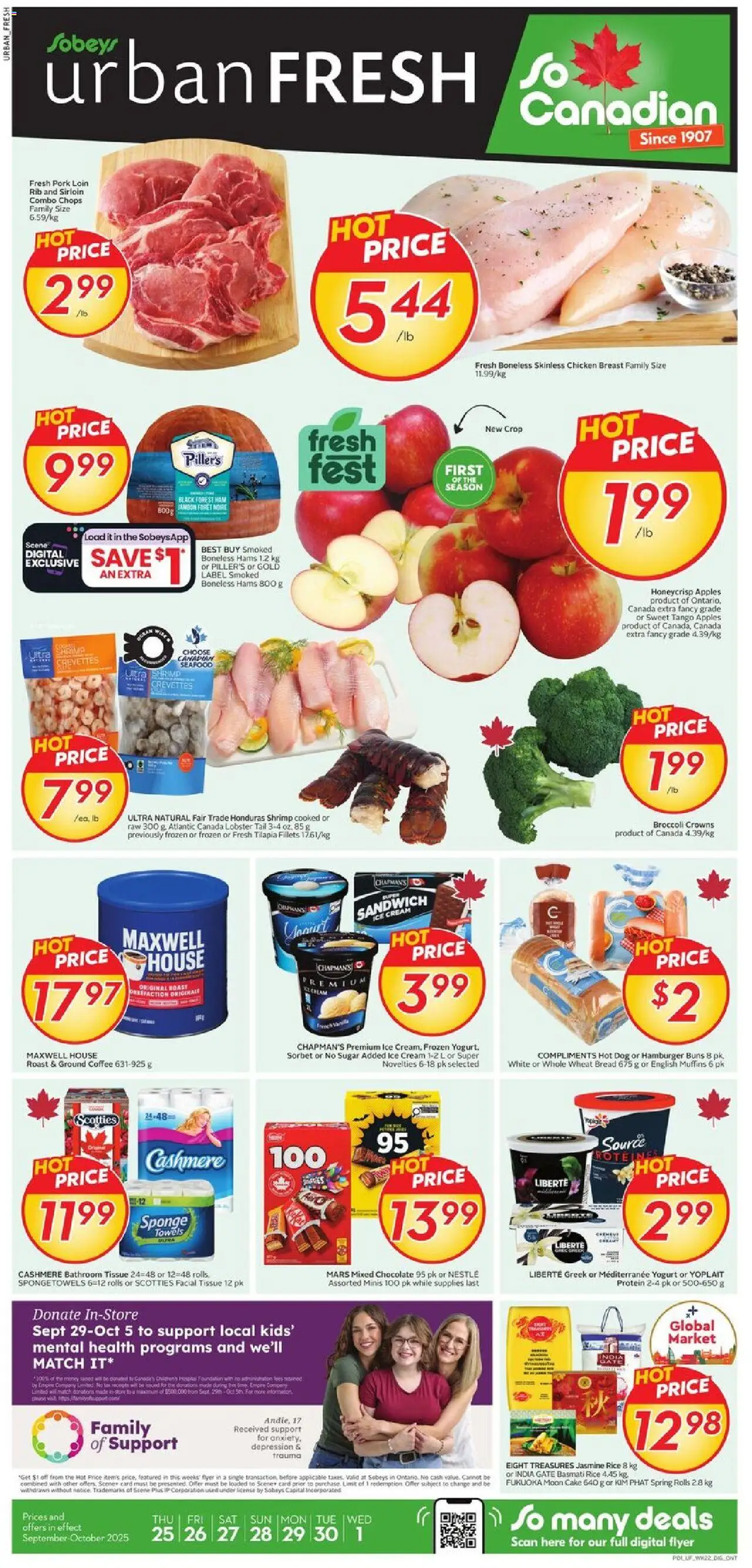 Sobeys flyer valid from 25.09.2025 | Page: 1 | Products: Coffee, Chocolate, Chicken, Apples