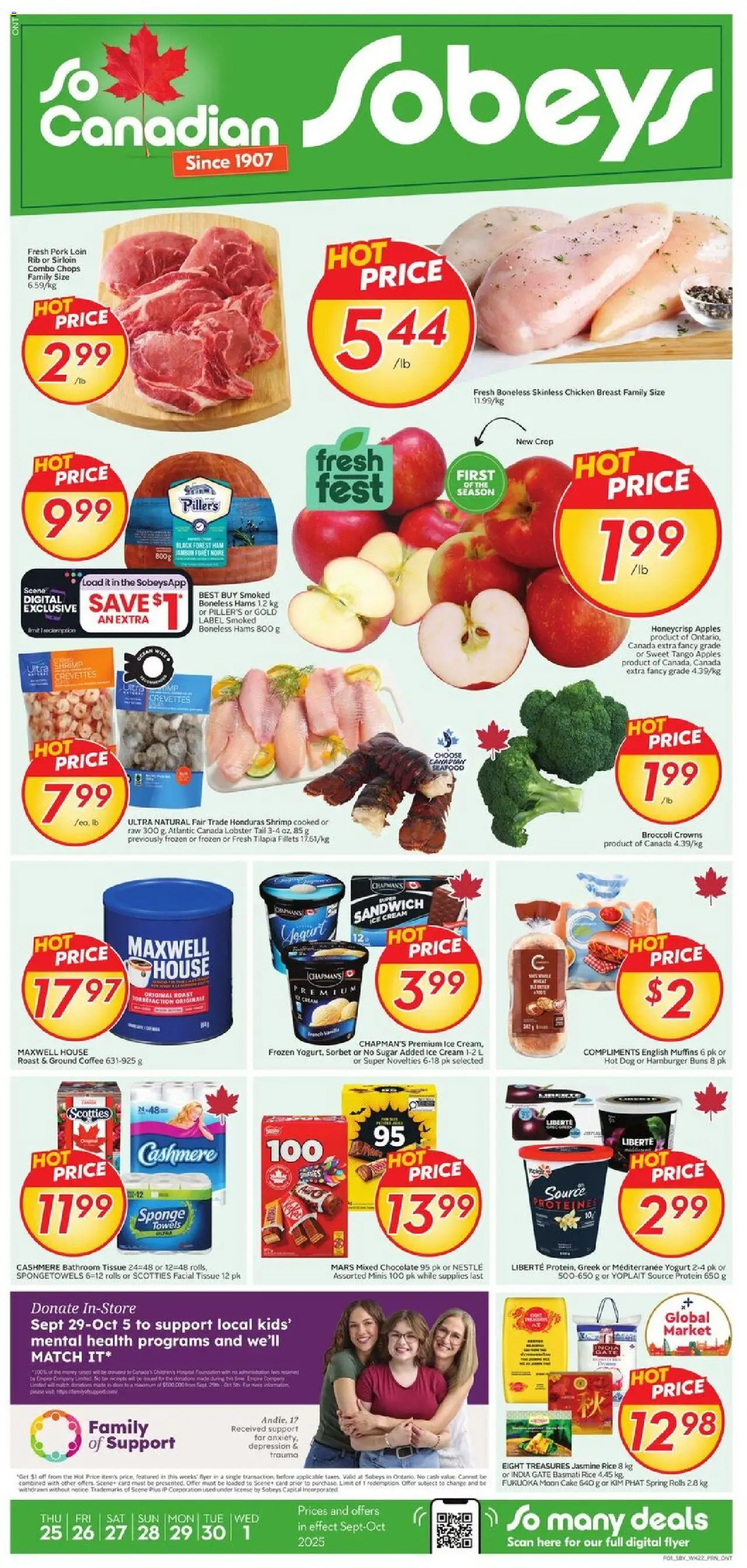 Sobeys flyer valid from 25.09.2025 | Page: 1 | Products: Rice, Yogurt, Chicken, Pork