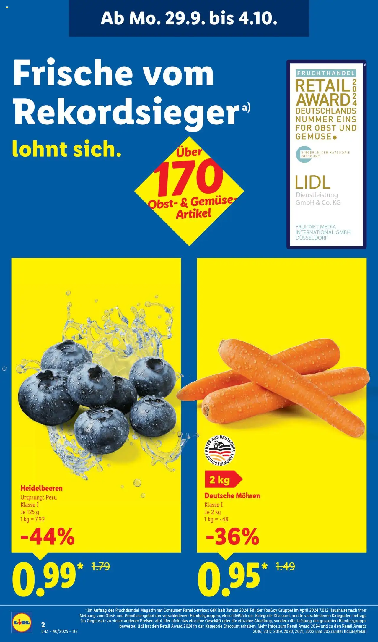 Lidl Prospekt Holzminden – gültig ab 29.09.2025 | Seite: 2 | Produkte: Mohren, Heidelbeeren, Gemüse, Obst
