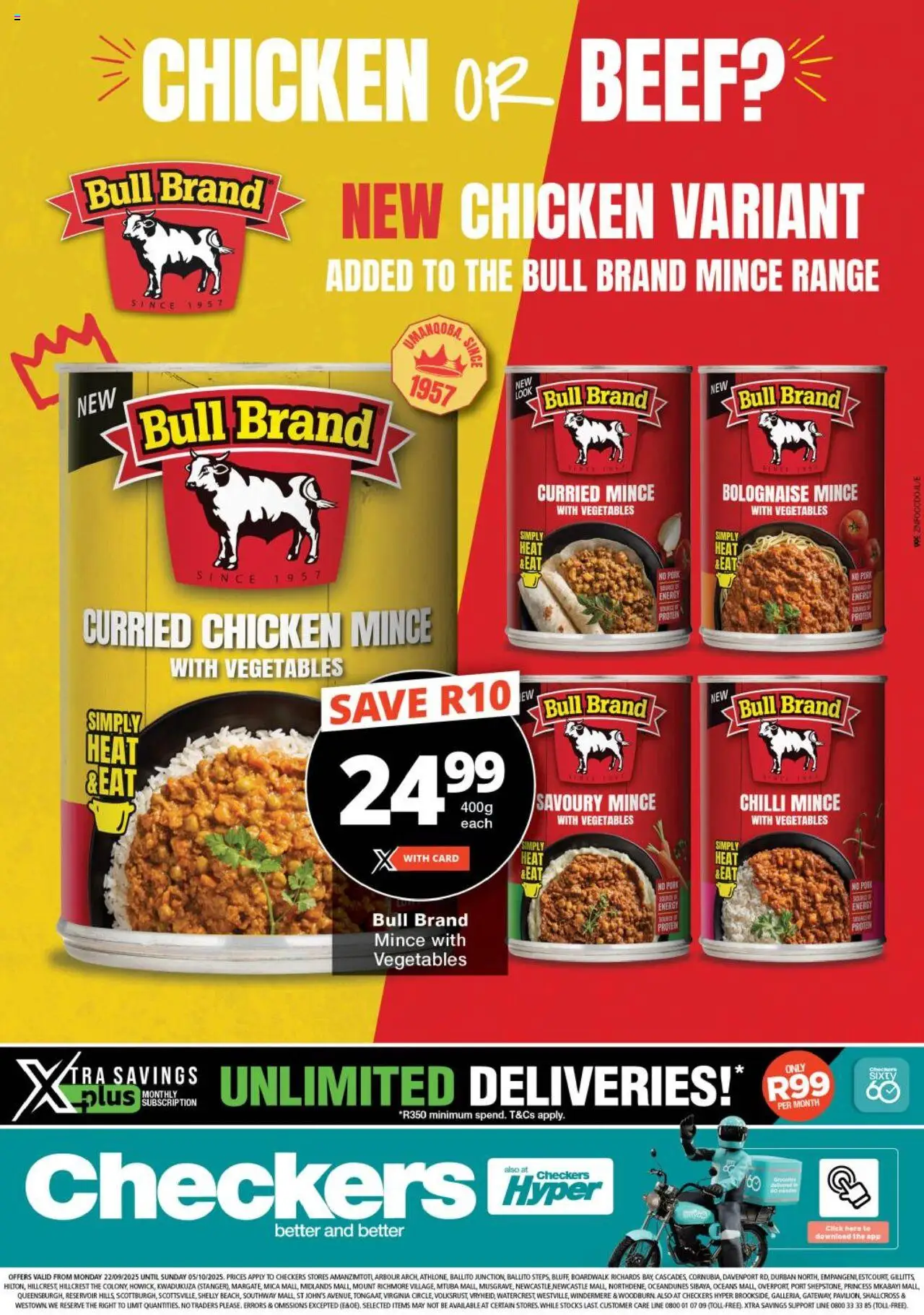 New Checkers catalogue – valid from 22.09.2025 | Page: 1 | Products: Detergente líquido, Chicken, Beef, Chilli