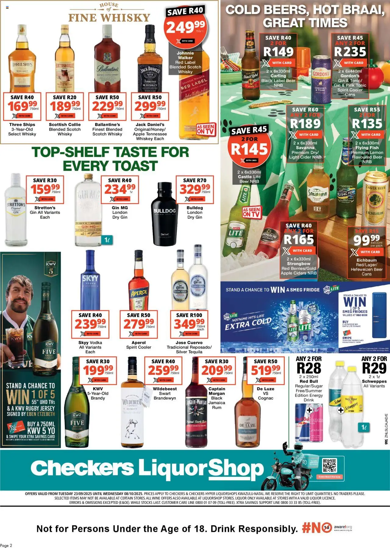New Checkers catalogue – valid from 23.09.2025 | Page: 2 | Products: Cooler, Beer, Vodka, Ensalada de quino