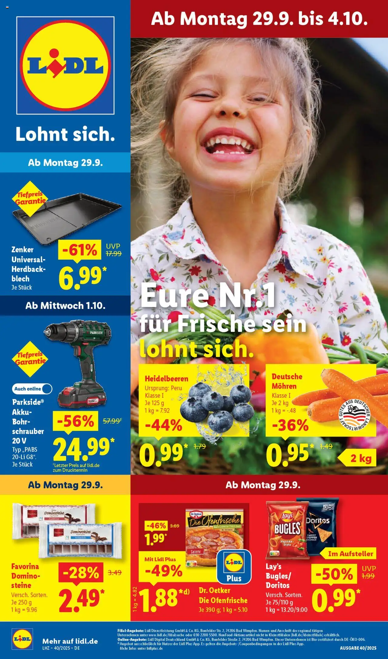 Lidl Prospekt Uffenheim – gültig ab 29.09.2025 | Seite: 1 | Produkte: Bad, Mohren, Heidelbeeren, Salami