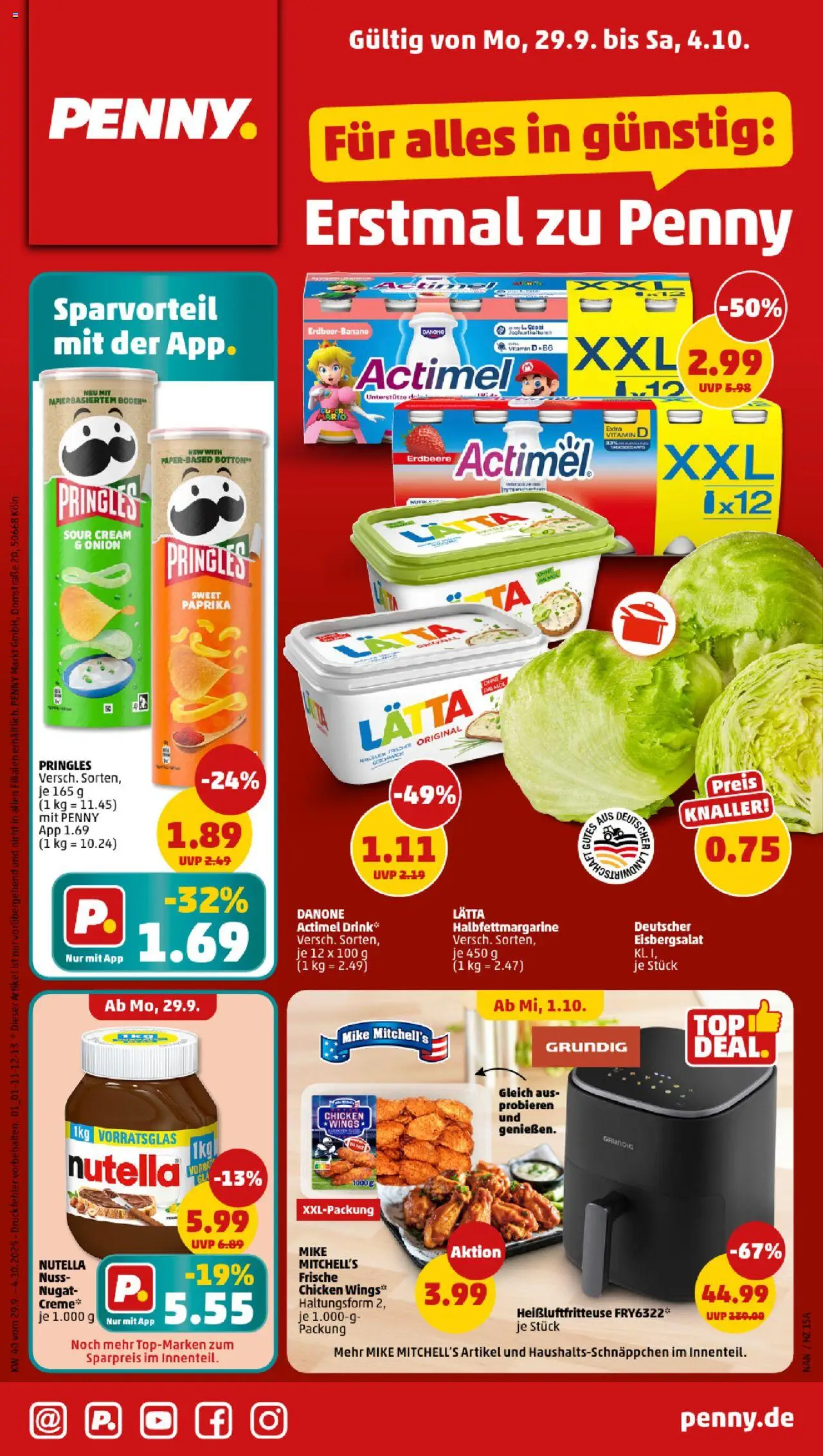 Penny Prospekt 	 – gültig ab 29.09.2025 | Seite: 1 | Produkte: Actimel, Eisbergsalat, Paprika, Pringles