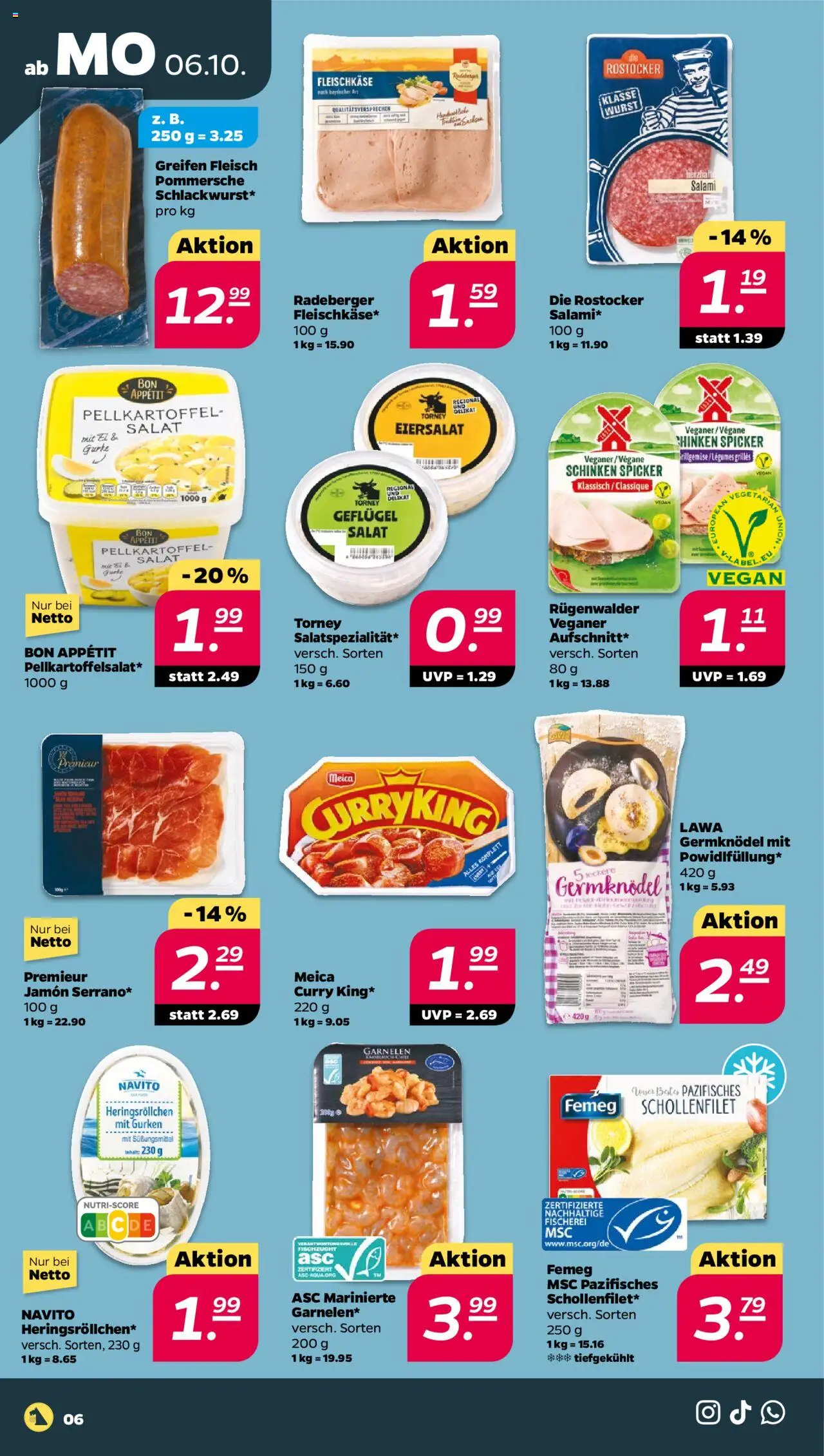 Netto Prospekt 	 – gültig ab 06.10.2025 | Seite: 6 | Produkte: Garnelen, Wurst, Fleisch, Salat