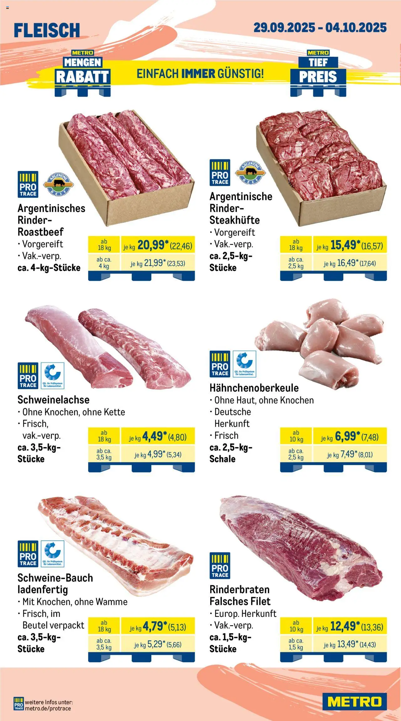 Metro Wochen-Angebote Gastro – gültig ab 29.09.2025 | Seite: 2 | Produkte: Rinderbraten, Schweinebauch, Roastbeef, Fleisch