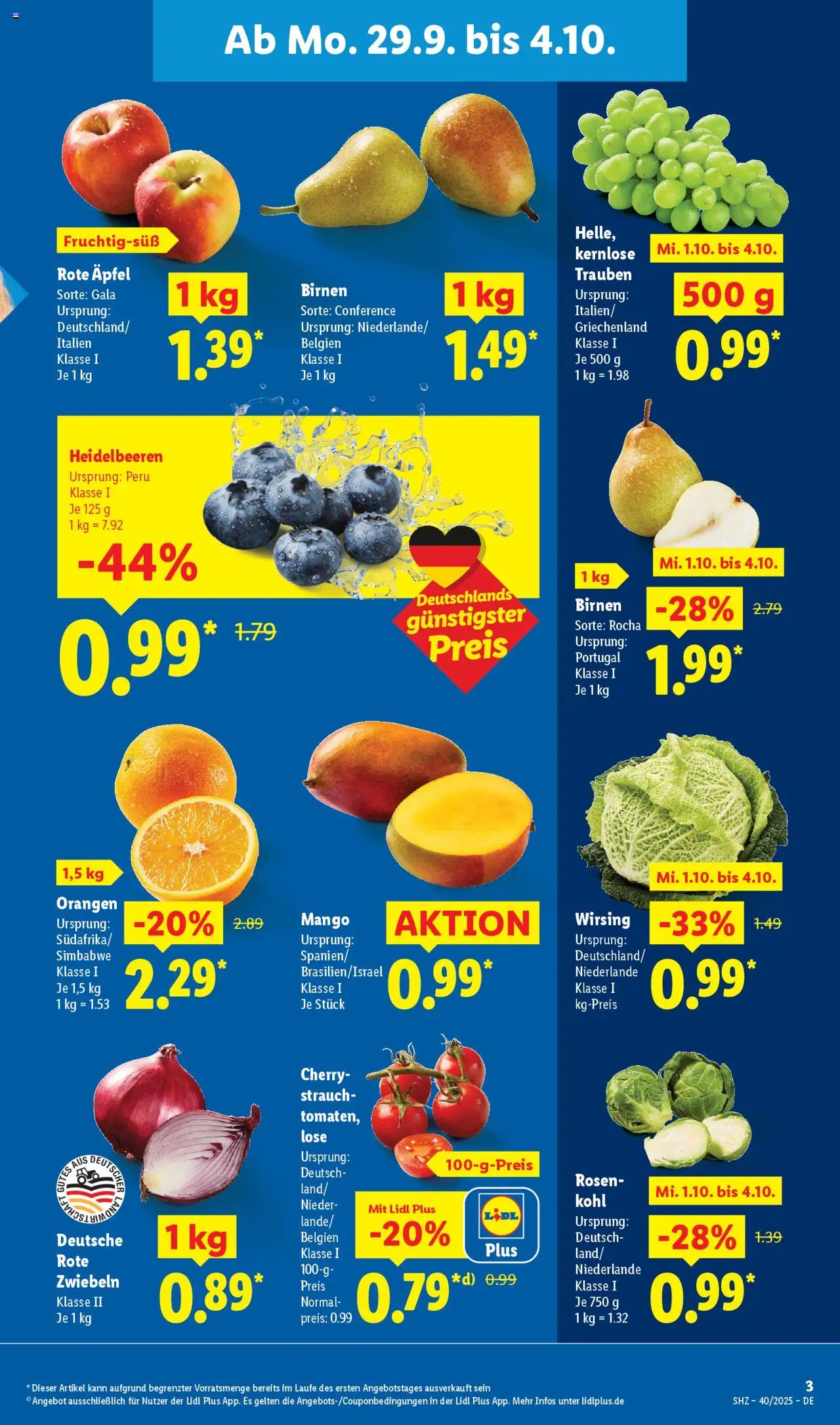 Lidl Prospekt Zossen – gültig ab 29.09.2025 | Seite: 5 | Produkte: Trauben, Äpfel, Orangen, Heidelbeeren