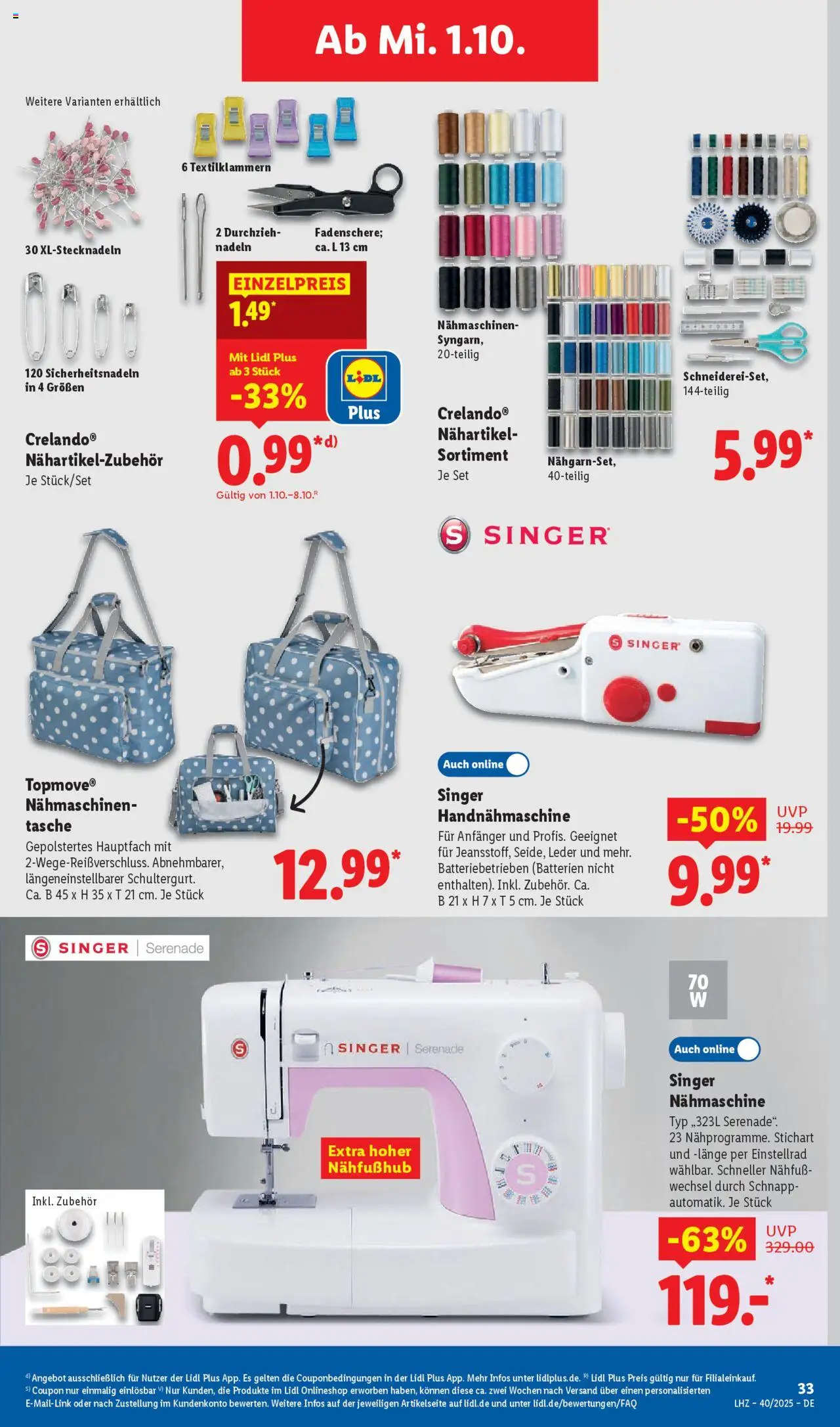 Lidl Prospekt Zossen – gültig ab 29.09.2025 | Seite: 45 | Produkte: Tasche, Nähmaschine, Batterien