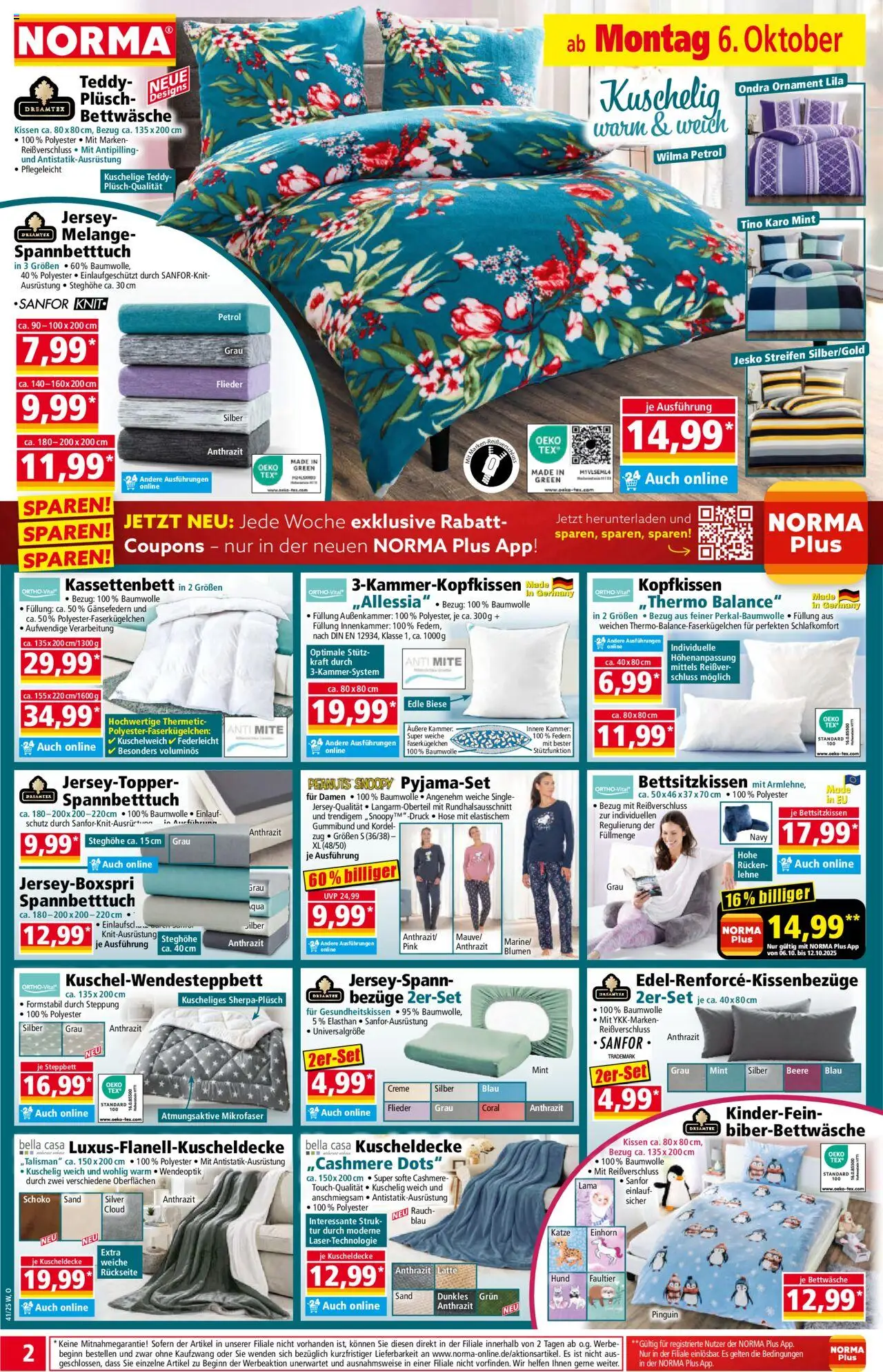 Norma Prospekt 	 – gültig ab 06.10.2025 | Seite: 2 | Produkte: Kissen, Bettwäsche, Blumen, Creme
