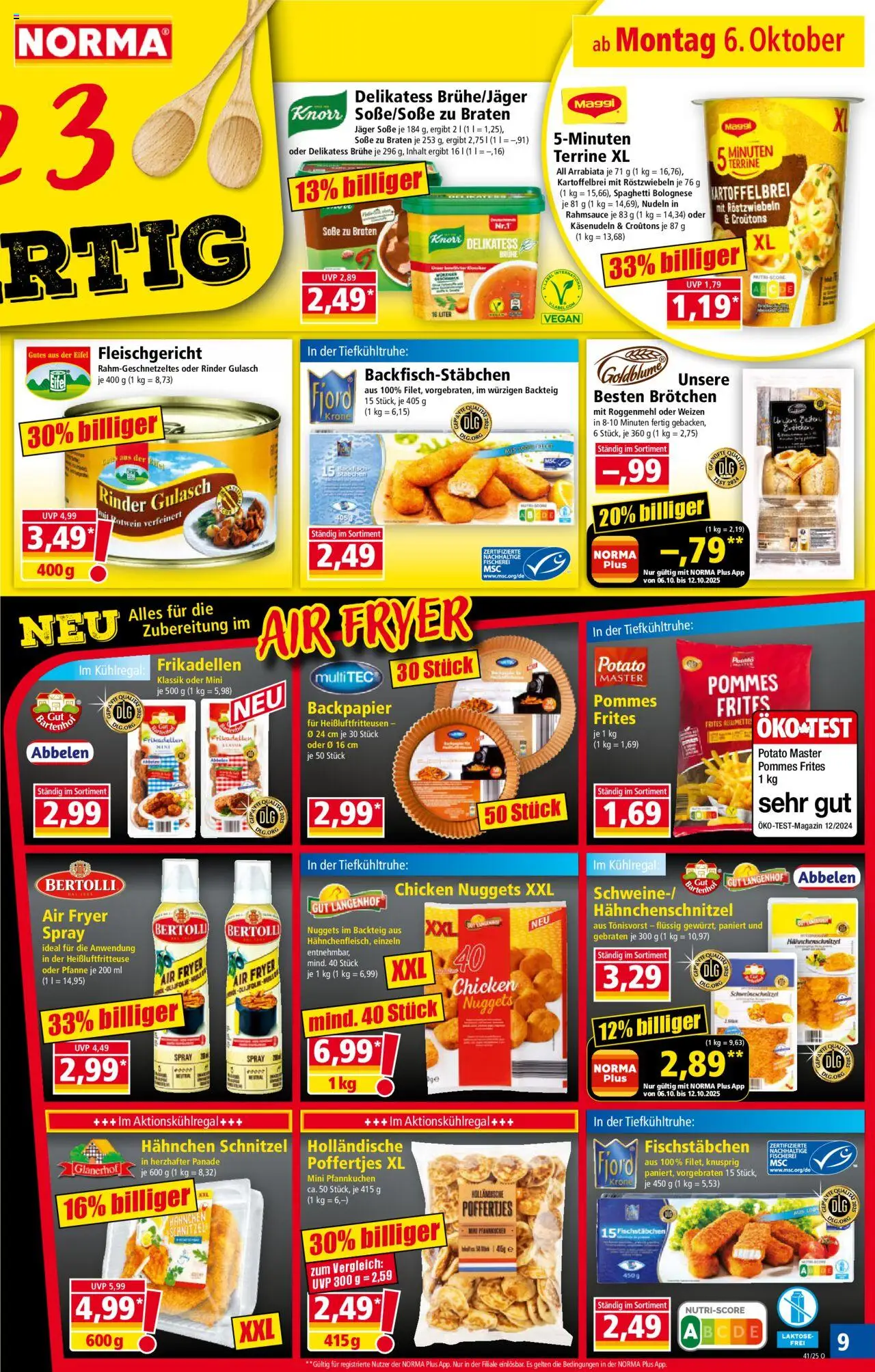 Norma Prospekt 	 – gültig ab 06.10.2025 | Seite: 9 | Produkte: Hahnchen, Pommes frites, Soße, Heißluftfritteuse