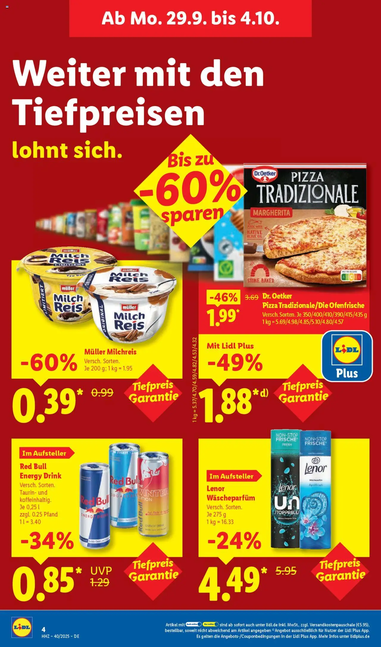 Lidl Prospekt Uffenheim – gültig ab 29.09.2025 | Seite: 14 | Produkte: Lenor, Red bull, Milch, Pizza
