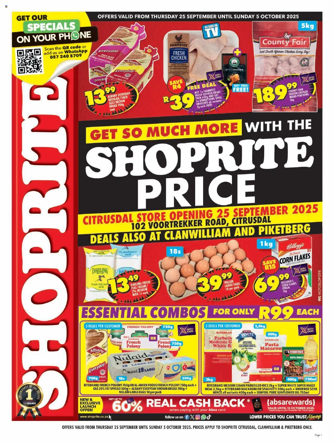 New Shoprite catalogue – valid from 25.09.2025 | Page: 1 | Products: Phone, Eggs, Bread, Flakes