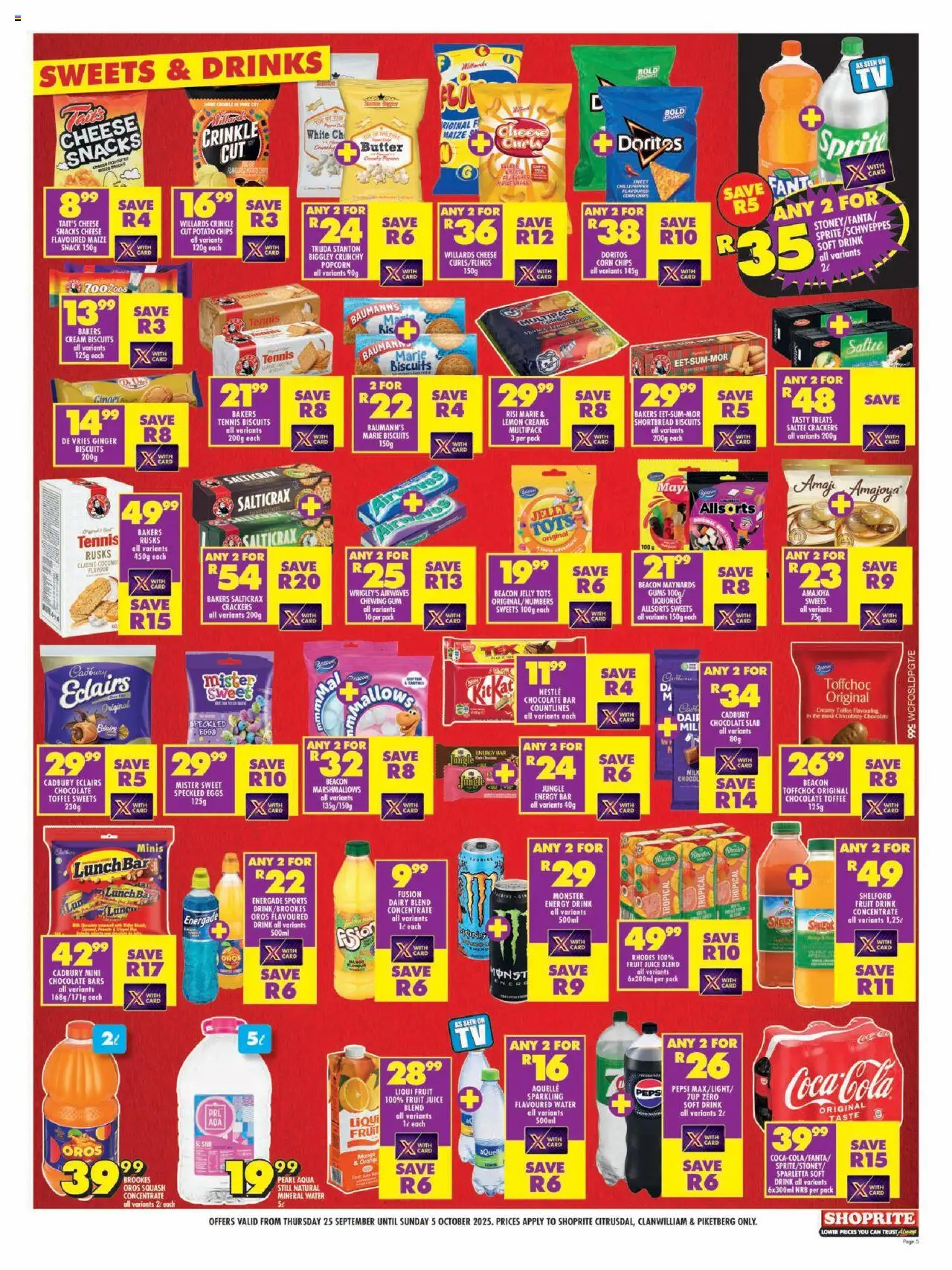 New Shoprite catalogue – valid from 25.09.2025 | Page: 5 | Products: Squash, Cheese, Snacks, Chips