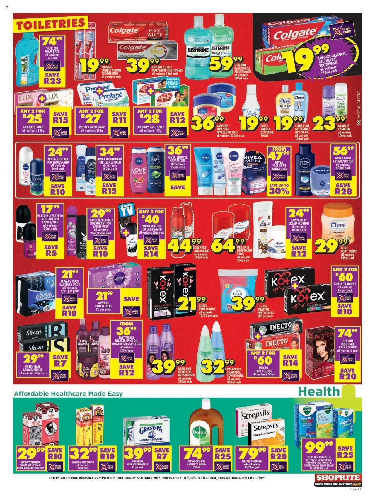 New Shoprite catalogue – valid from 25.09.2025 | Page: 11 | Products: Cough syrup, Hair colour, Soap, Toothpaste
