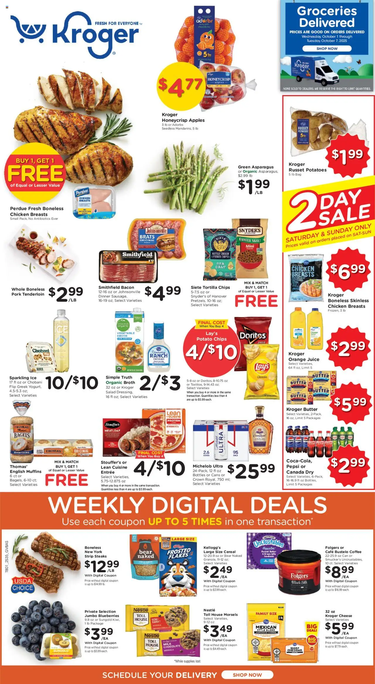 Kroger Ad - valid from 01.10.2025 | Page: 1 | Products: Butter, Juice, Apples, Bag