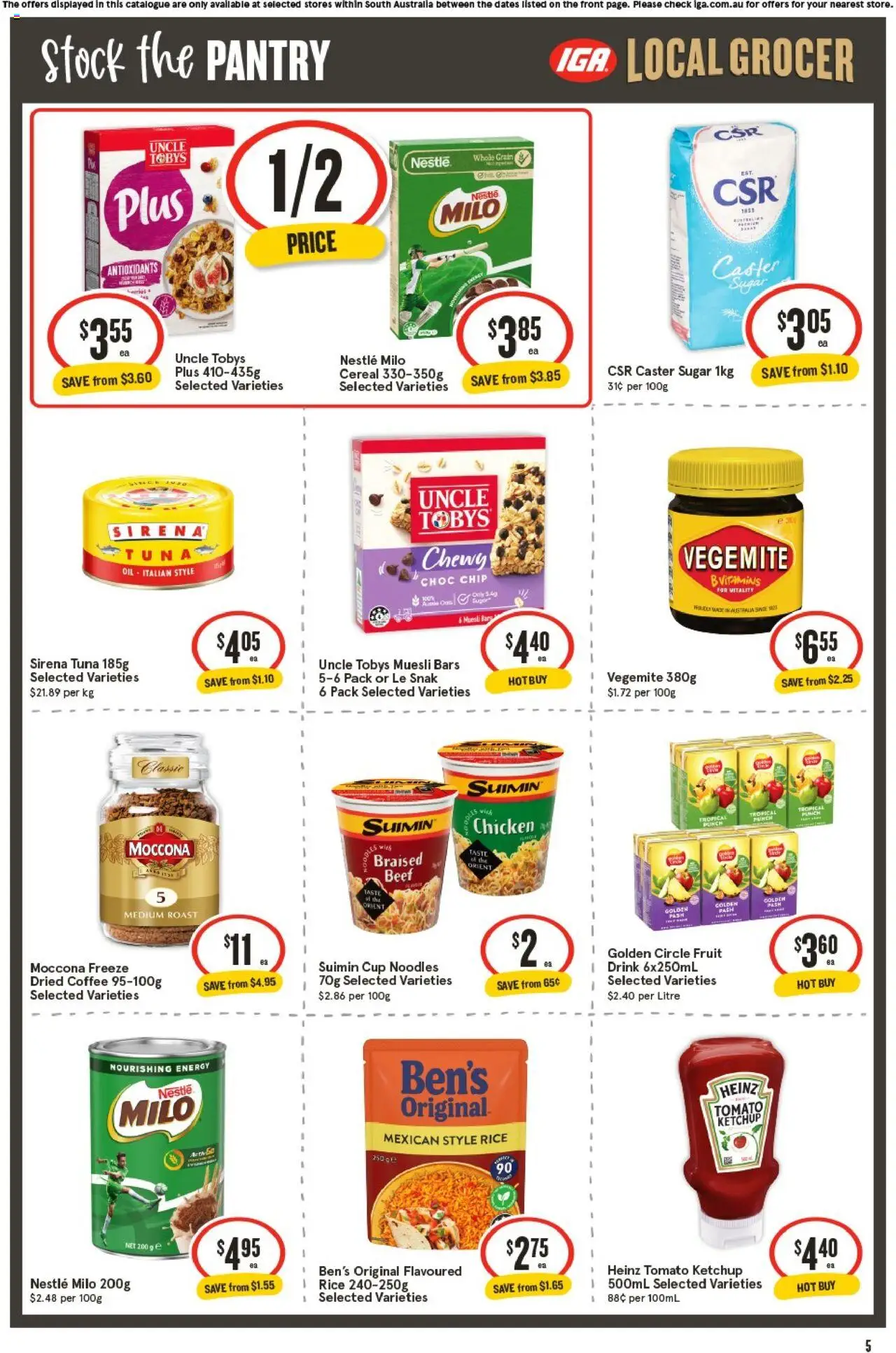 IGA catalogue - valid from 01.10.2025 | Page: 5 | Products: Coffee, Cereal, Vegemite, Moccona
