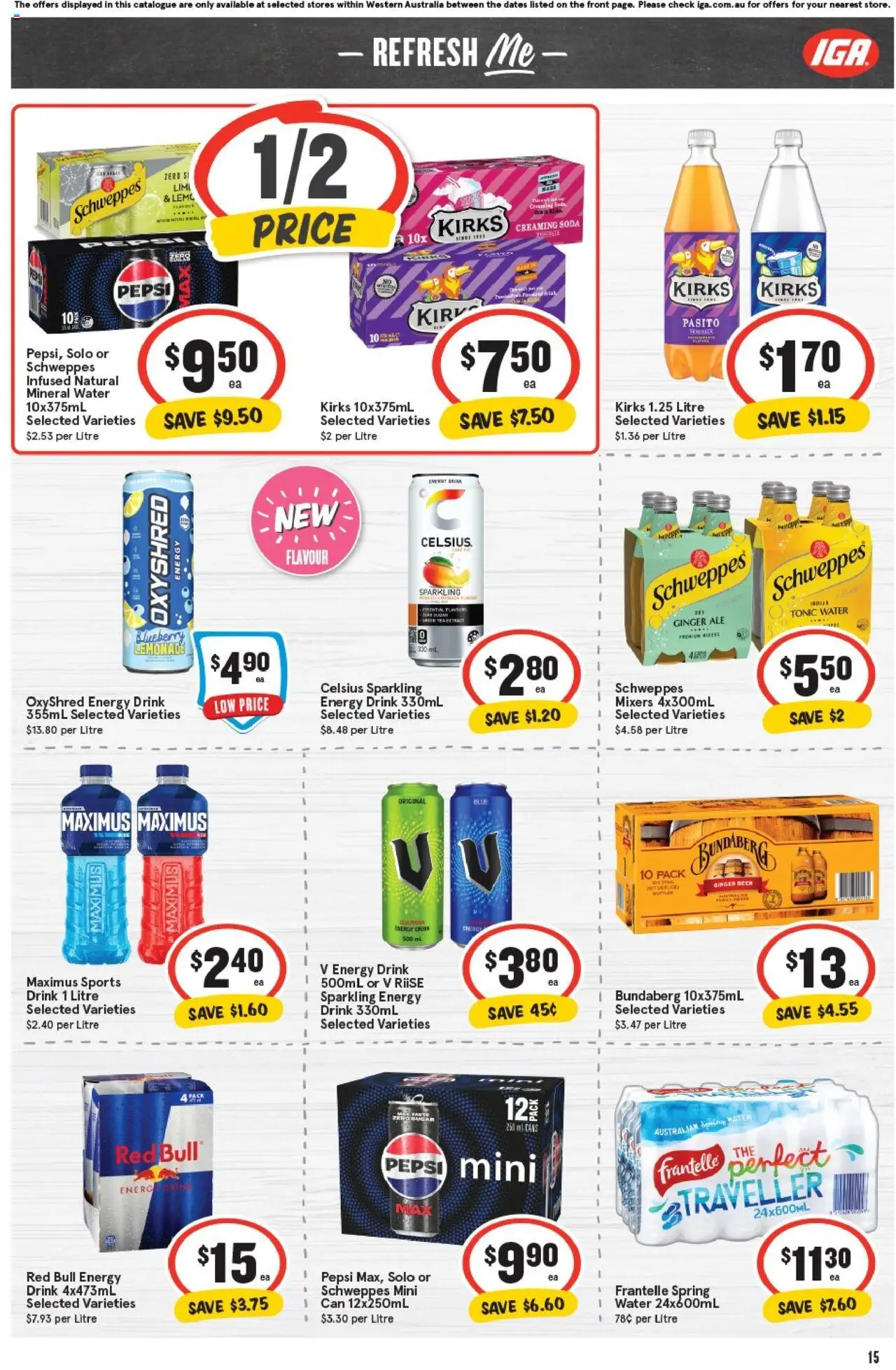 IGA catalogue - valid from 01.10.2025 | Page: 15 | Products: Energy drink, Beer, Pepsi, Water