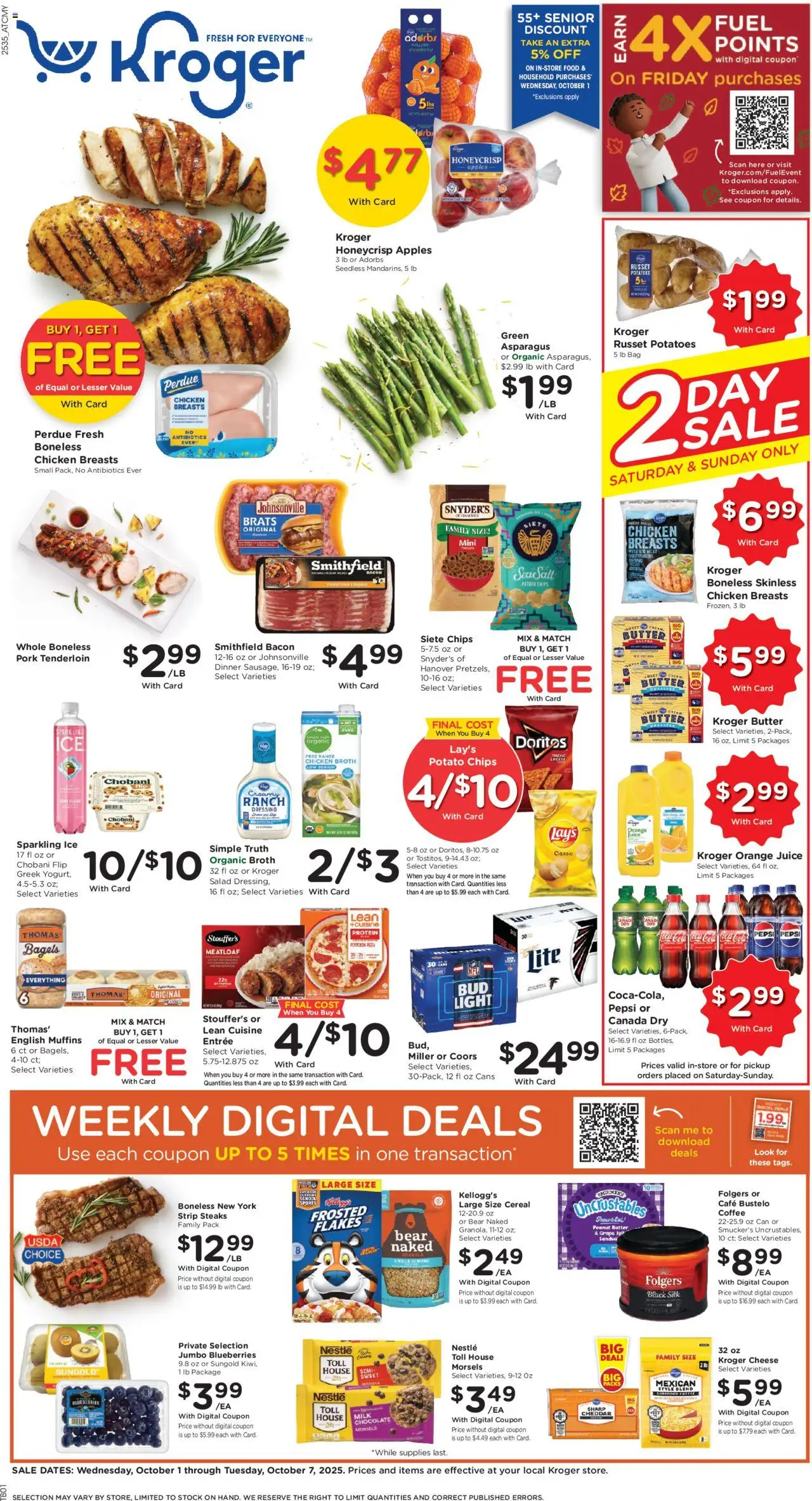 Kroger Weekly Ad - valid from 01.10.2025 | Page: 1 | Products: Coffee, Chips, Potatoes, Blueberries