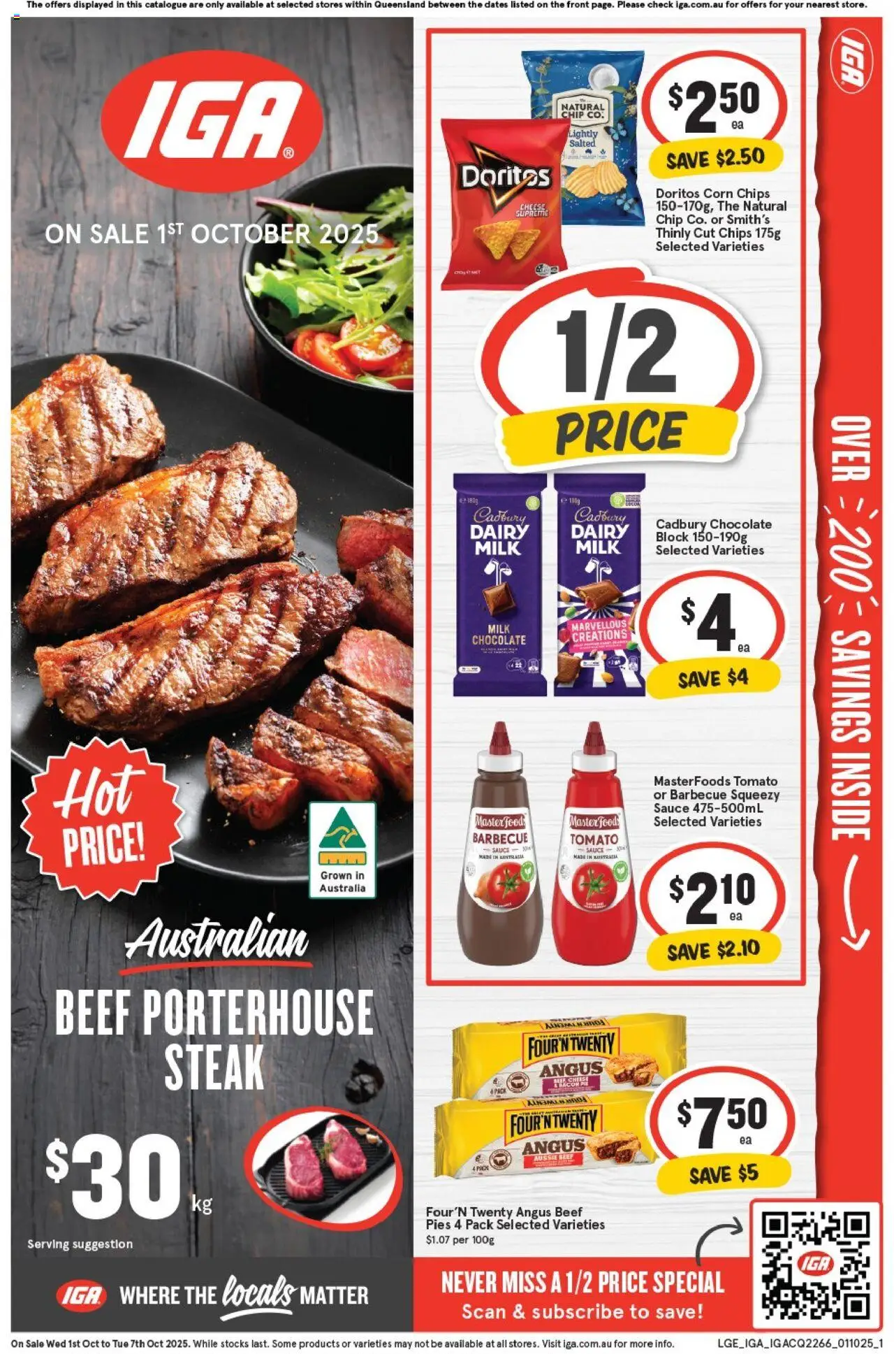 IGA catalogue - valid from 01.10.2025 | Page: 1 | Products: Chocolate, Beef, Steak, Pies