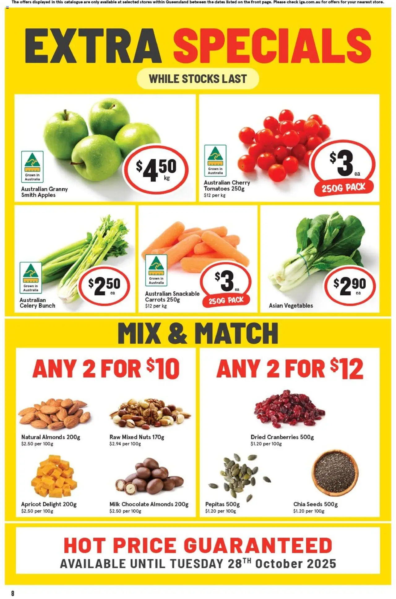 IGA catalogue - valid from 01.10.2025 | Page: 8 | Products: Almonds, Chocolate, Seeds, Vegetables
