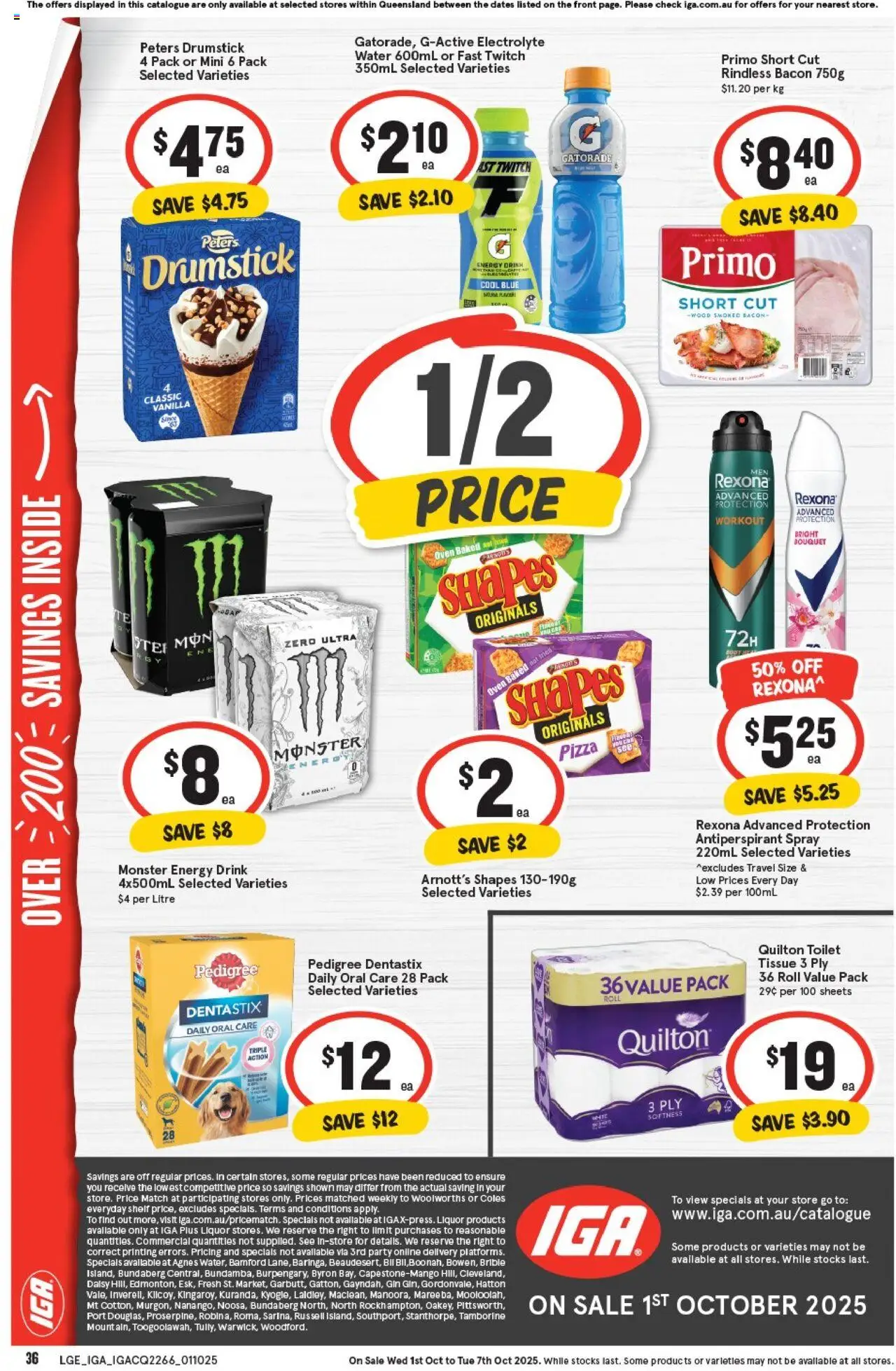 IGA catalogue - valid from 01.10.2025 | Page: 36 | Products: Shelf, Bacon, Energy drink, Gin