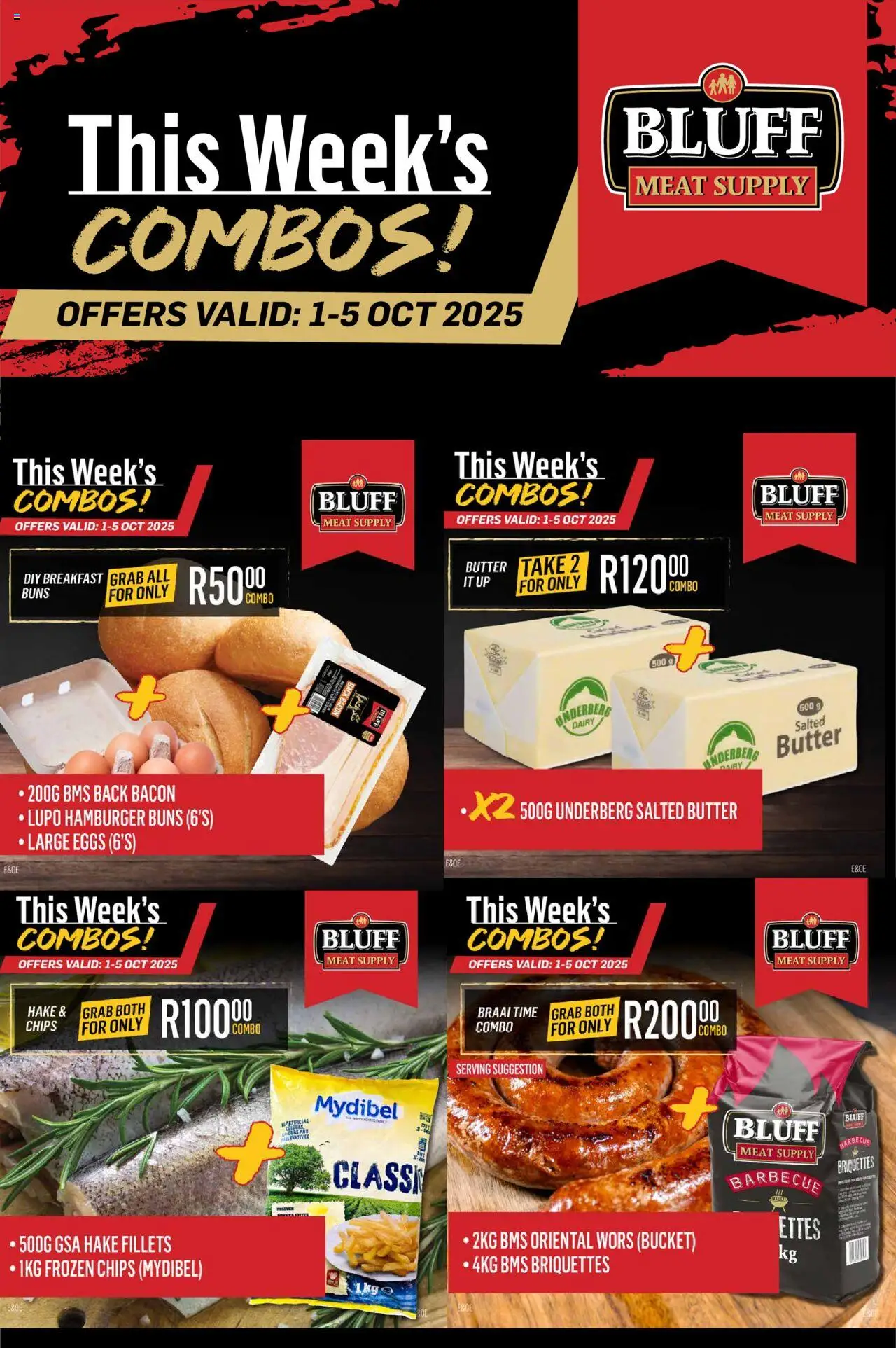 New Bluff Meat Supply catalogue – valid from 01.10.2025 | Page: 2 | Products: Buns, Butter, Eggs, Chips