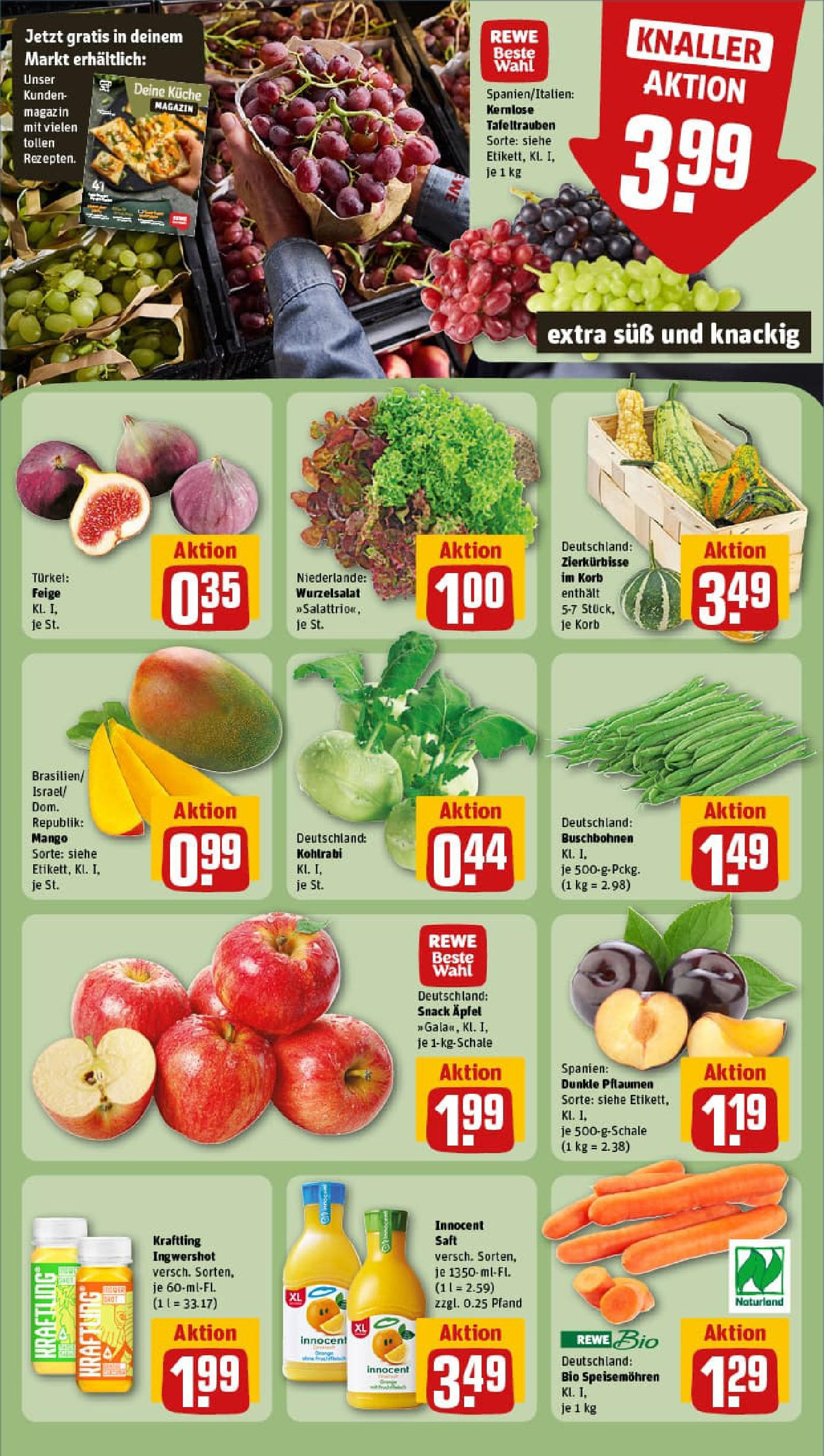 REWE Prospekt ab 14.09.2025 zum Blättern » Angebote | Seite: 6 | Produkte: Pflaumen, Korb, Mango, Saft