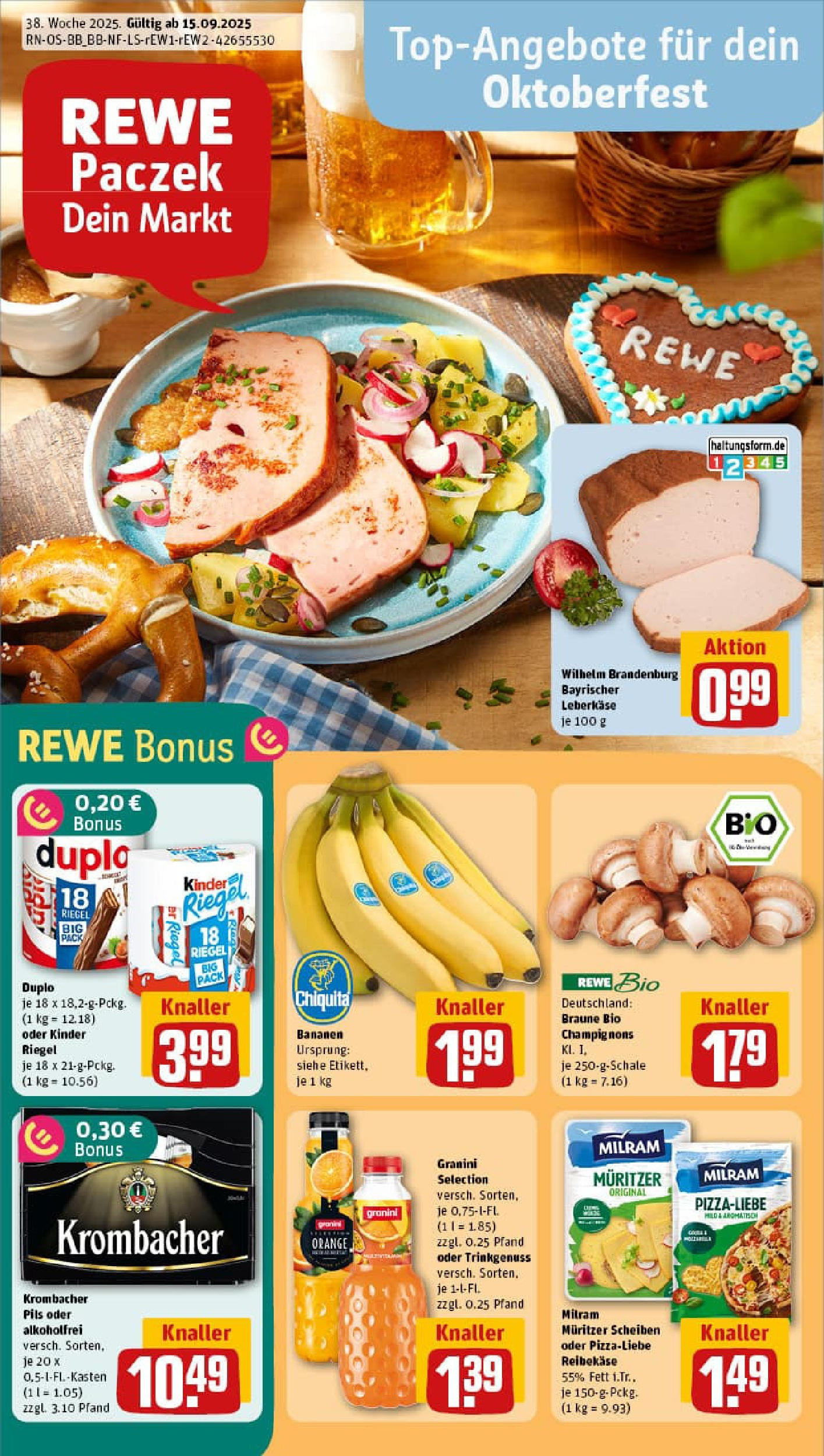 REWE Prospekt ab 14.09.2025 zum Blättern » Angebote | Seite: 1 | Produkte: Pils, Bananen, Milram, Granini