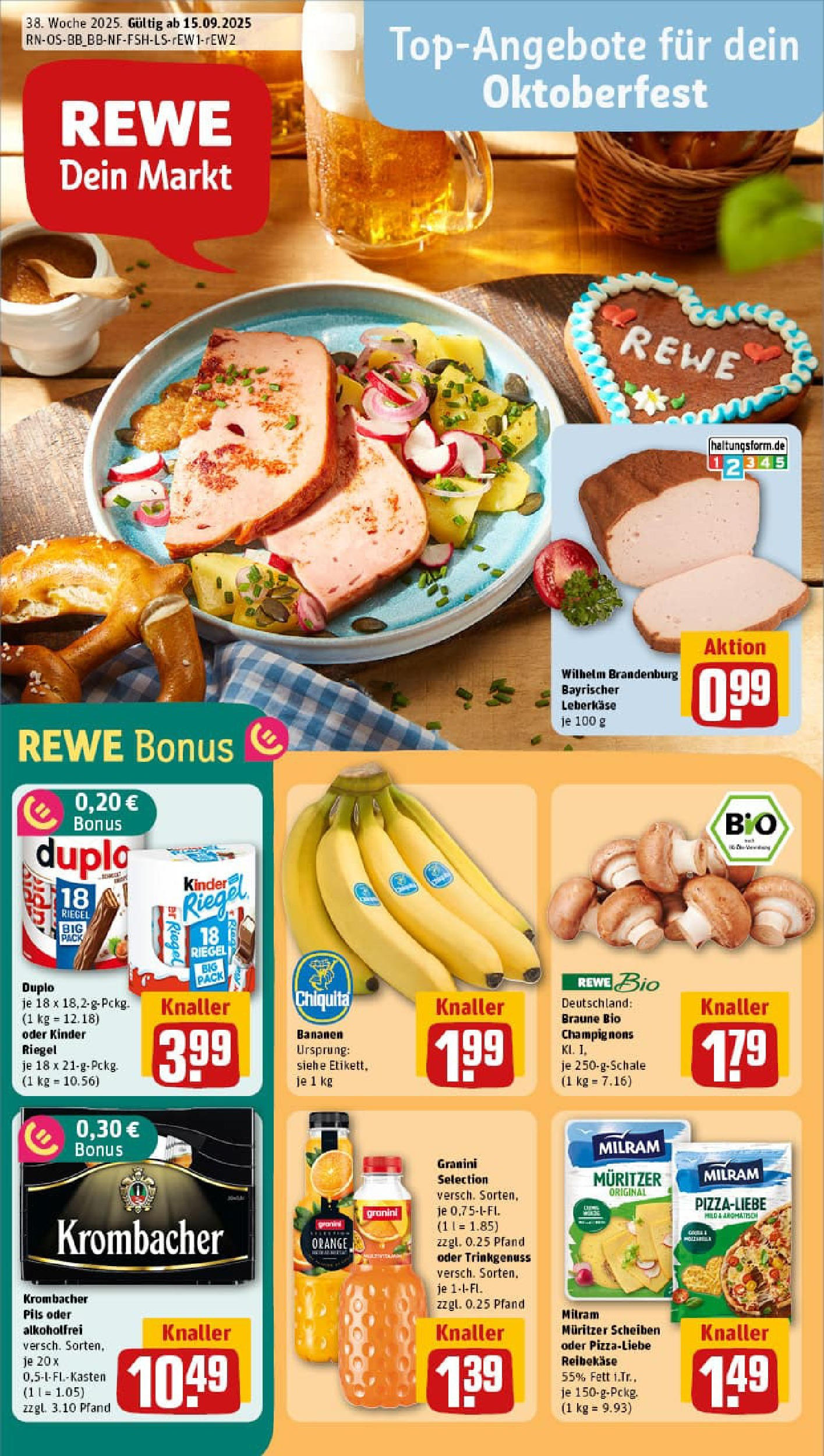 REWE Prospekt ab 14.09.2025 zum Blättern » Angebote | Seite: 1 | Produkte: Granini, Krombacher, Reibekase, Leberkase