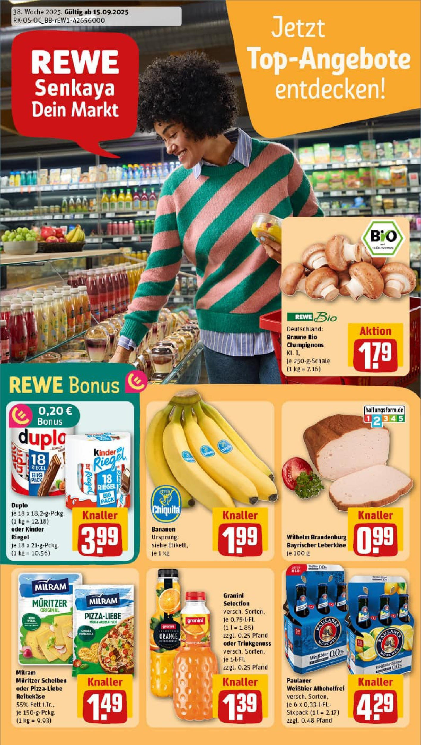 REWE Prospekt ab 14.09.2025 zum Blättern » Angebote | Seite: 1 | Produkte: Bananen, Milram, Granini, Reibekase