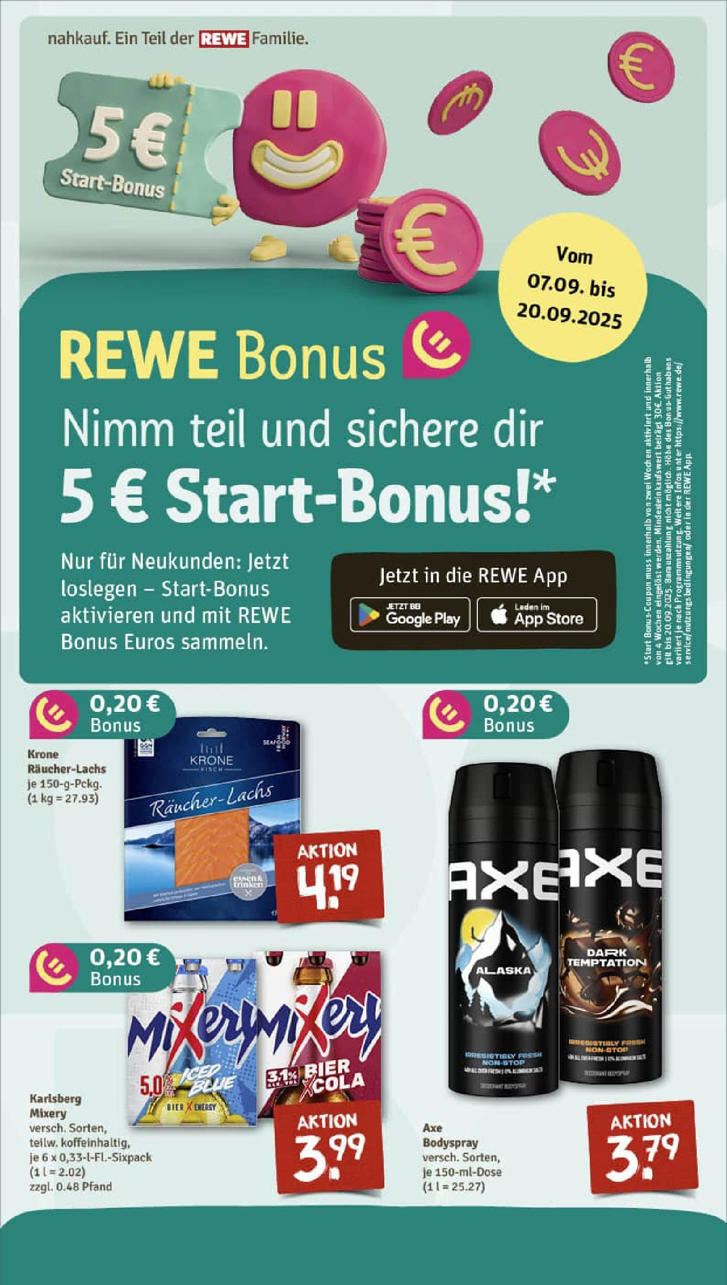 REWE Prospekt ab 14.09.2025 zum Blättern » Angebote | Seite: 5 | Produkte: Cola, Bier, Räucherlachs, Axe