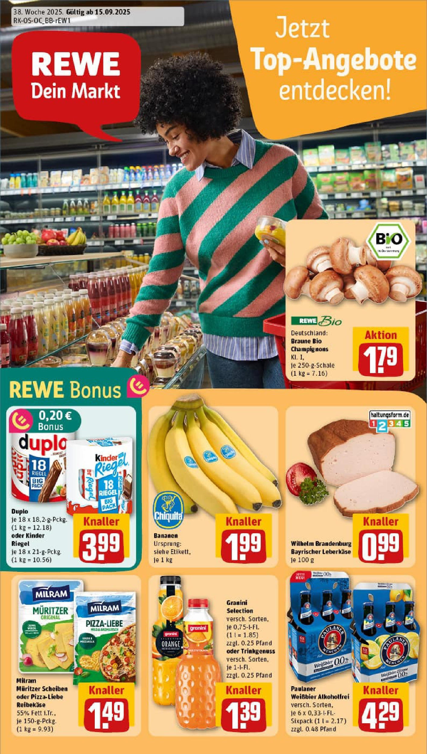 REWE Prospekt ab 14.09.2025 zum Blättern » Angebote | Seite: 1 | Produkte: Bananen, Granini, Reibekase, Paulaner