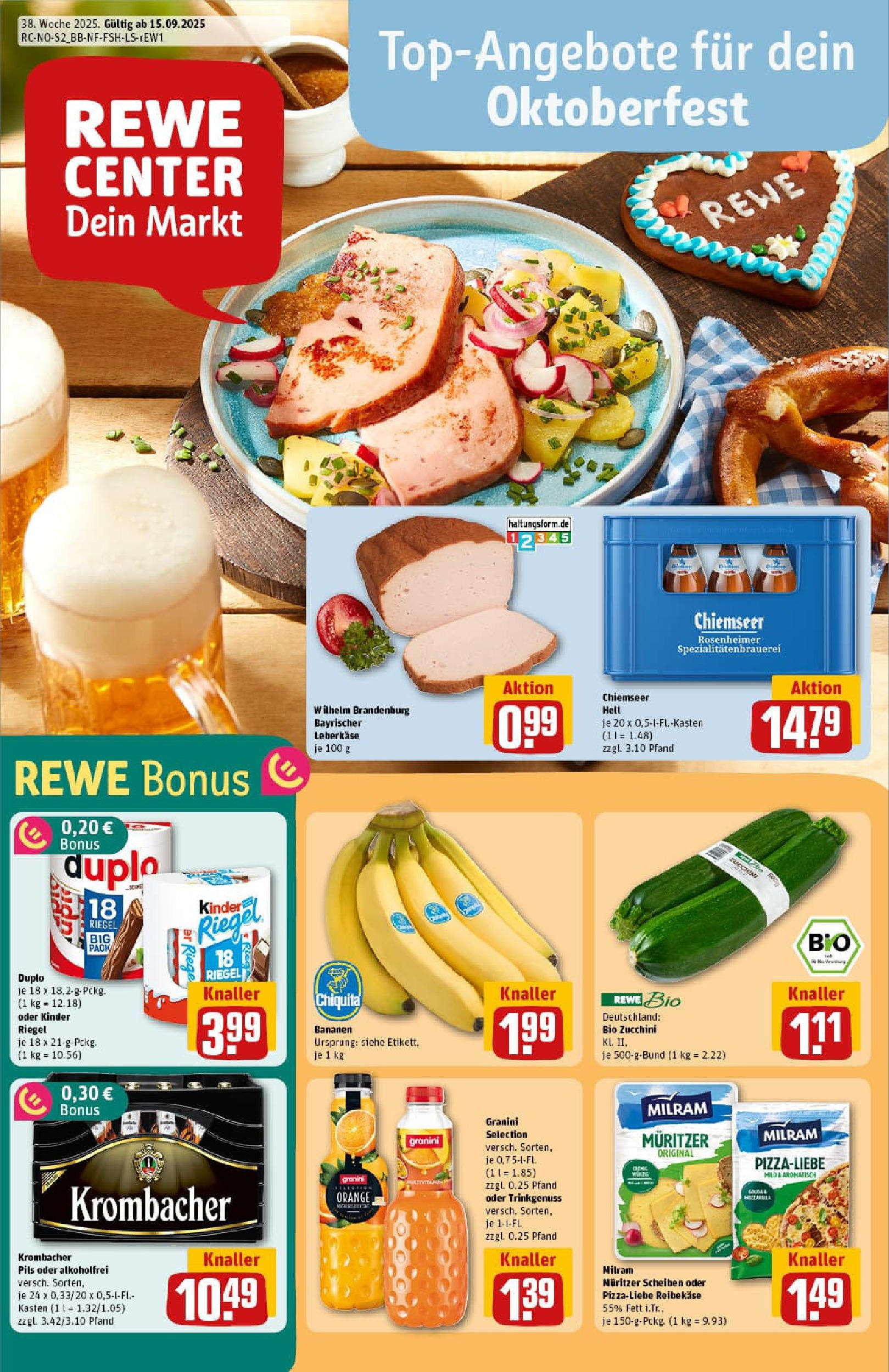 REWE Prospekt ab 14.09.2025 zum Blättern » Angebote | Seite: 1 | Produkte: Milram, Granini, Krombacher, Reibekase
