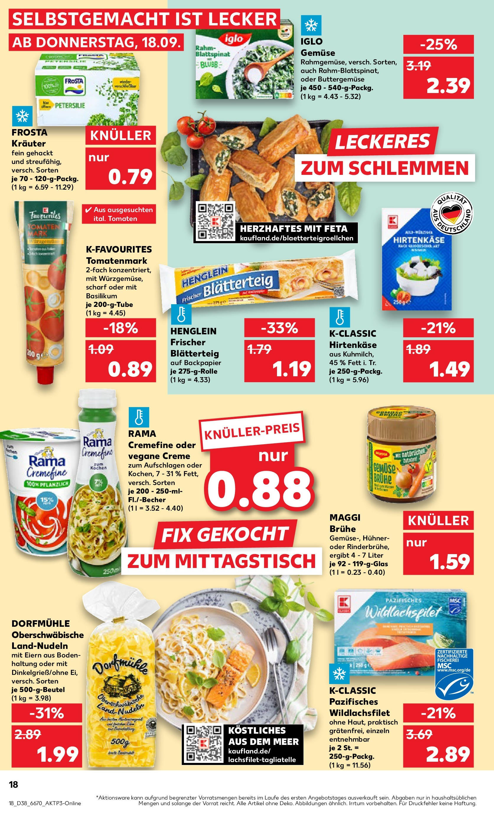 Prospekt Kaufland ab 17.09.2025 » Angebote Online zum Blättern | Seite: 18 | Produkte: Creme, Frosta, Maggi fix, Pasta