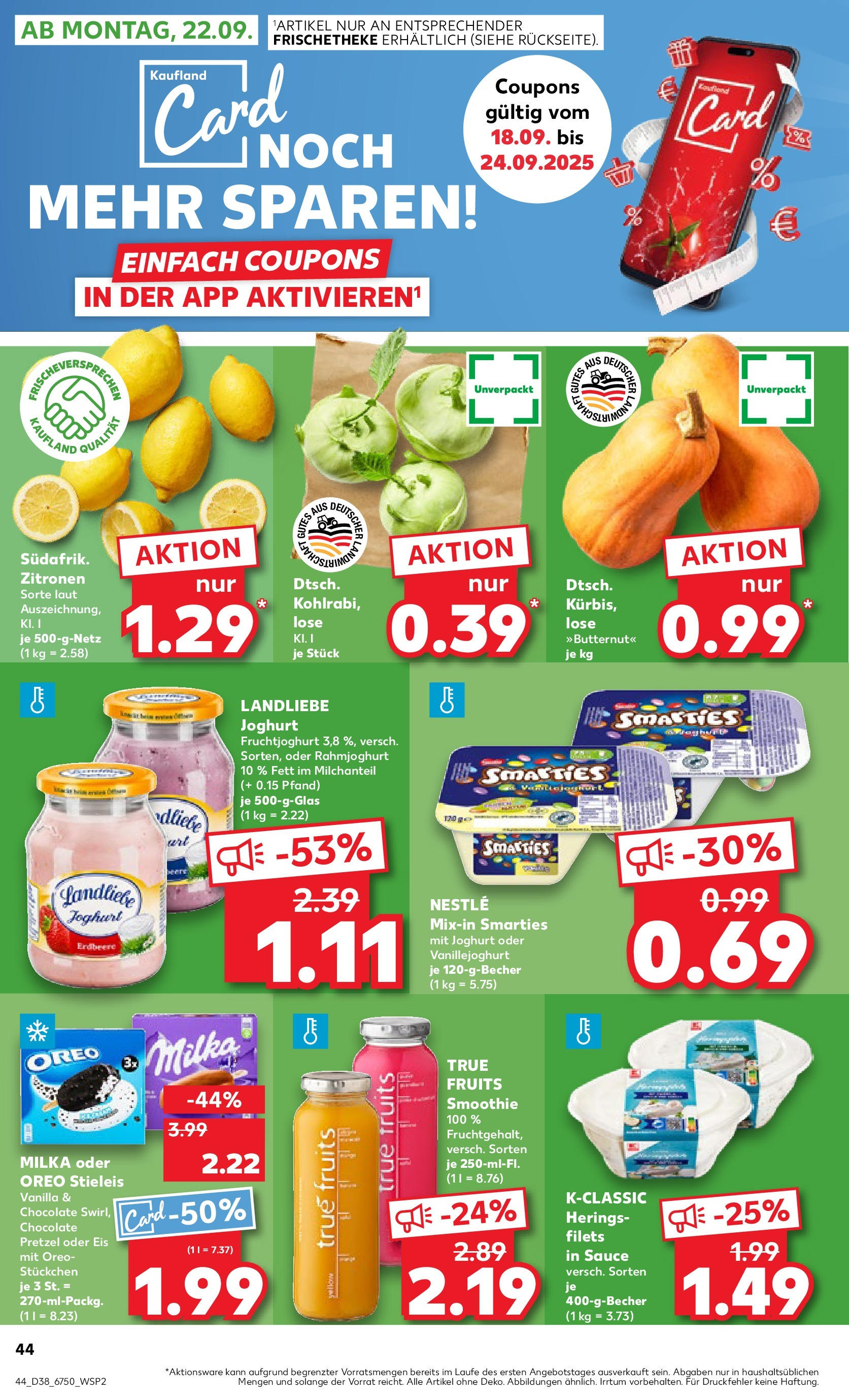 Prospekt Kaufland ab 18.09.2025 » Angebote Online zum Blättern | Seite: 44 | Produkte: Kohlrabi, Milka, Fruchtjoghurt, Eis